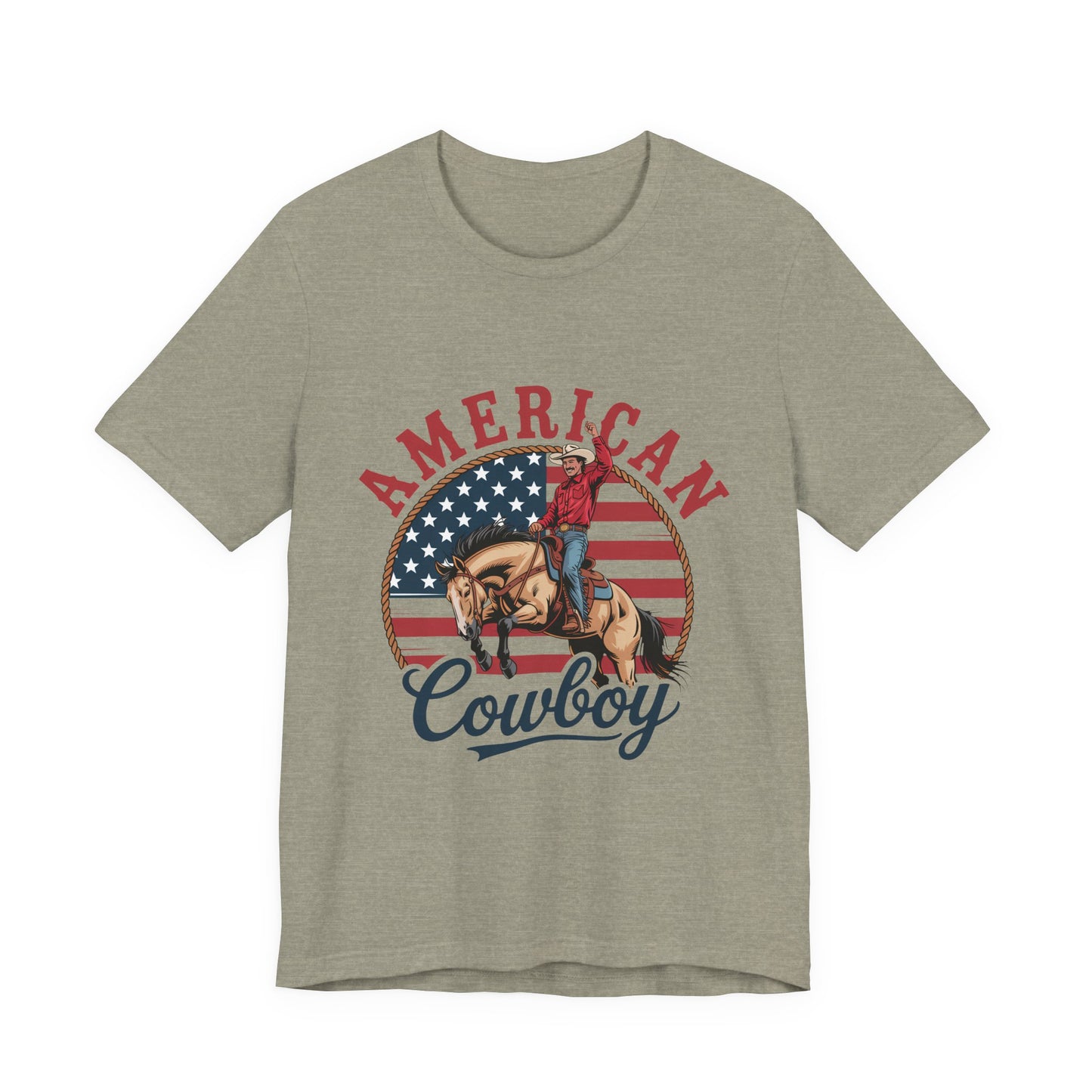 American Cowboy T-Shirt – patriotic rodeo tee with flag and rider