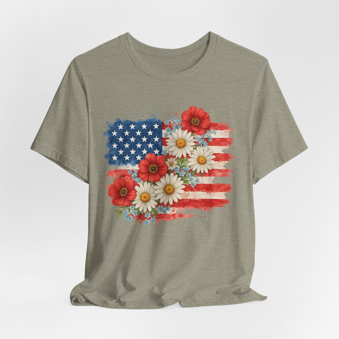 American Flag Floral T‑Shirt – Patriotic Daisy & Poppy USA Tee