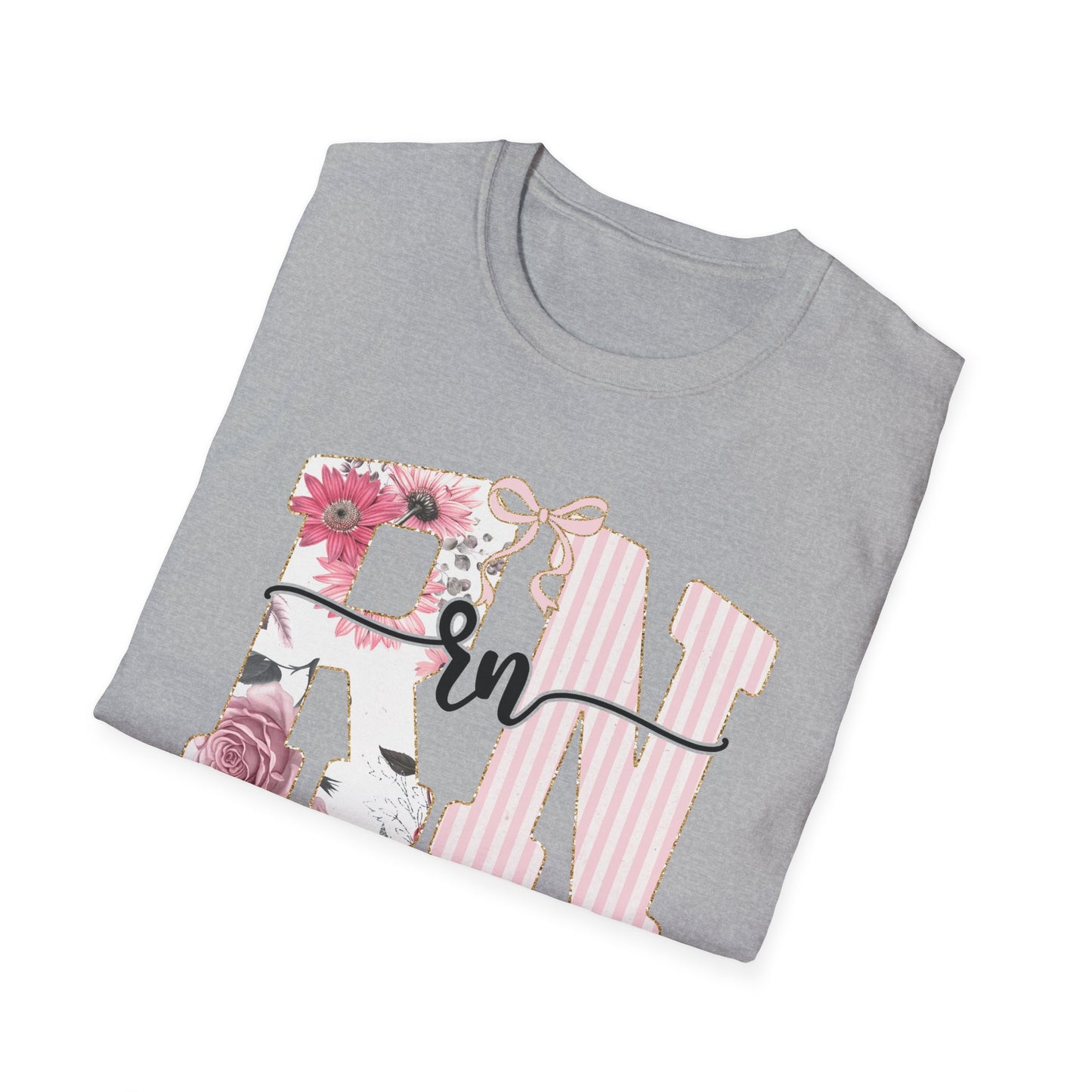 T-Shirt — RN Floral Script Design (Pink Stripes & Roses)