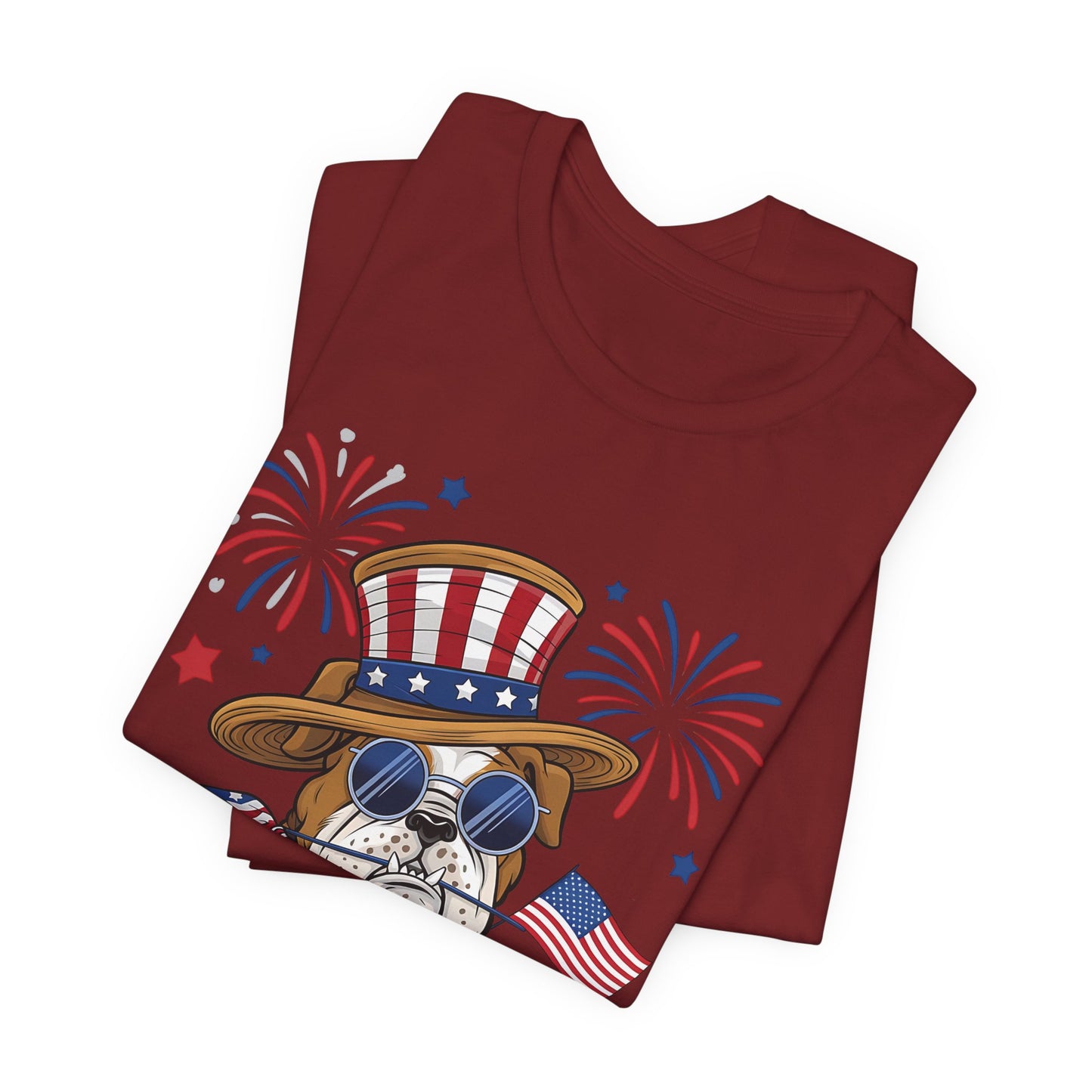 Patriotic Bulldog T-Shirt — American Flag Pup with Uncle Sam Hat & Fireworks (4th of July Tee)