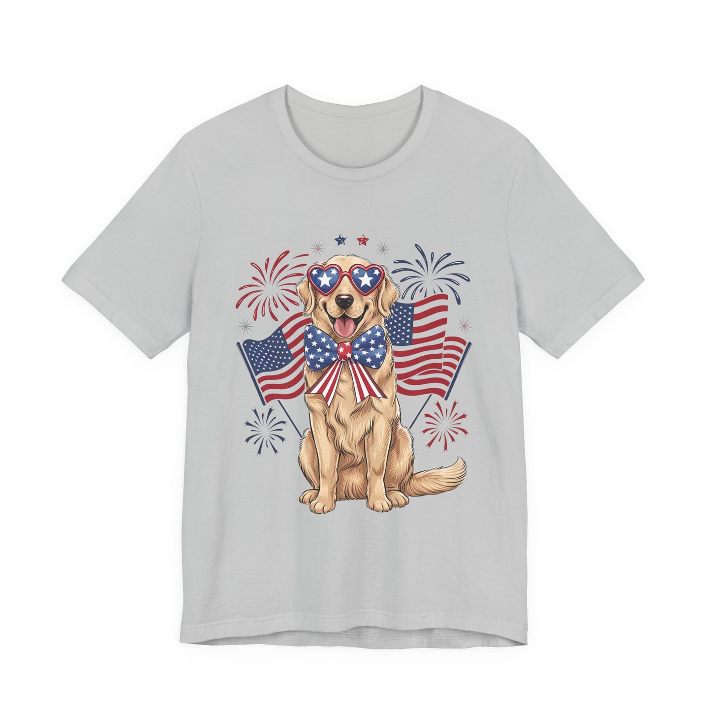 Patriotic Golden Retriever T‑Shirt — USA Flag Dog with Fireworks