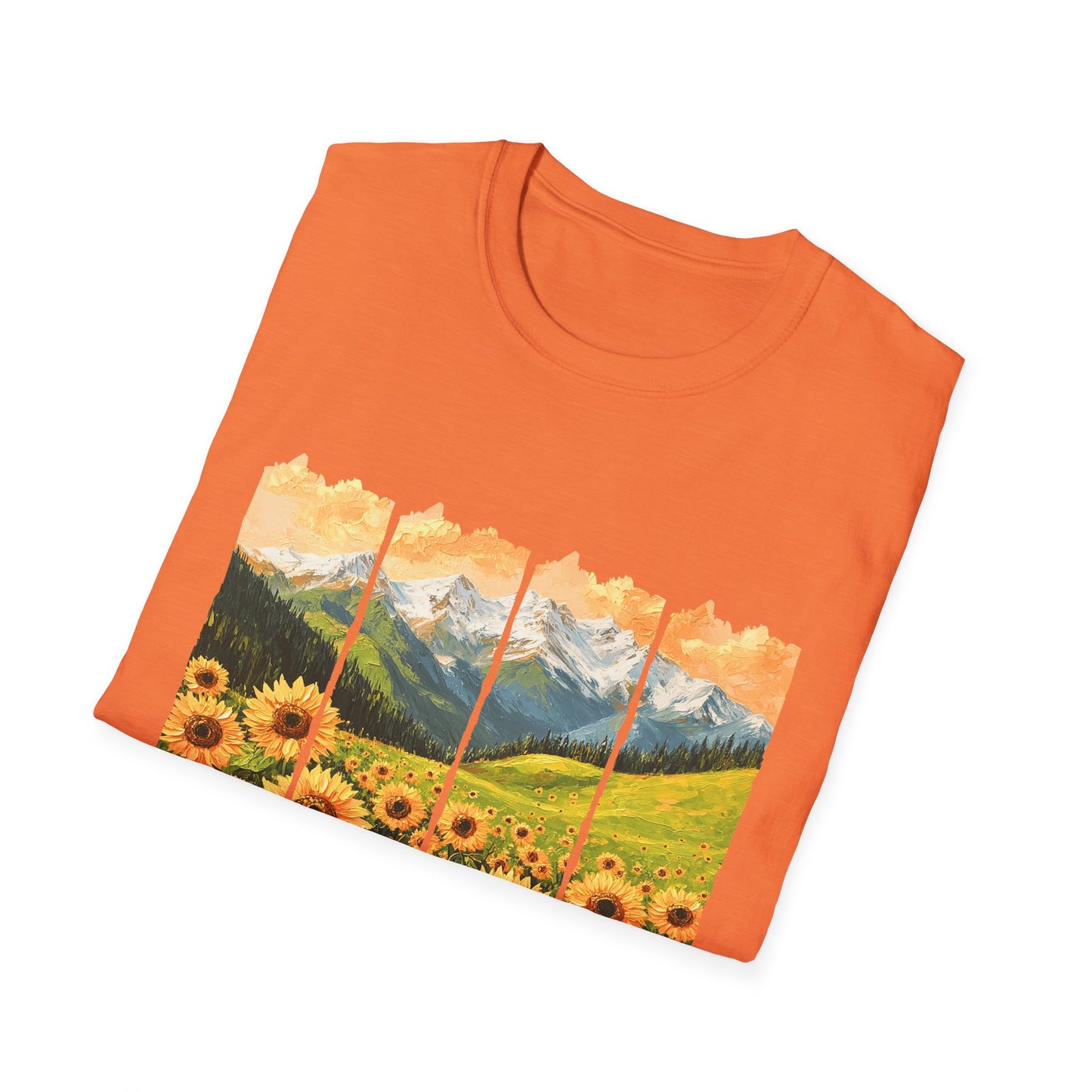 Sunflower Mountain Poster T-Shirt — Scenic Field & Peaks Graphic Tee