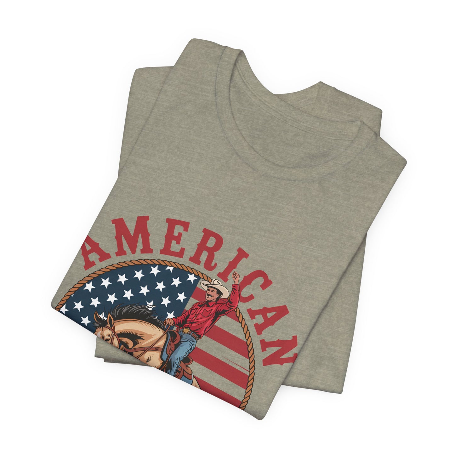 American Cowboy T-Shirt – patriotic rodeo tee with flag and rider