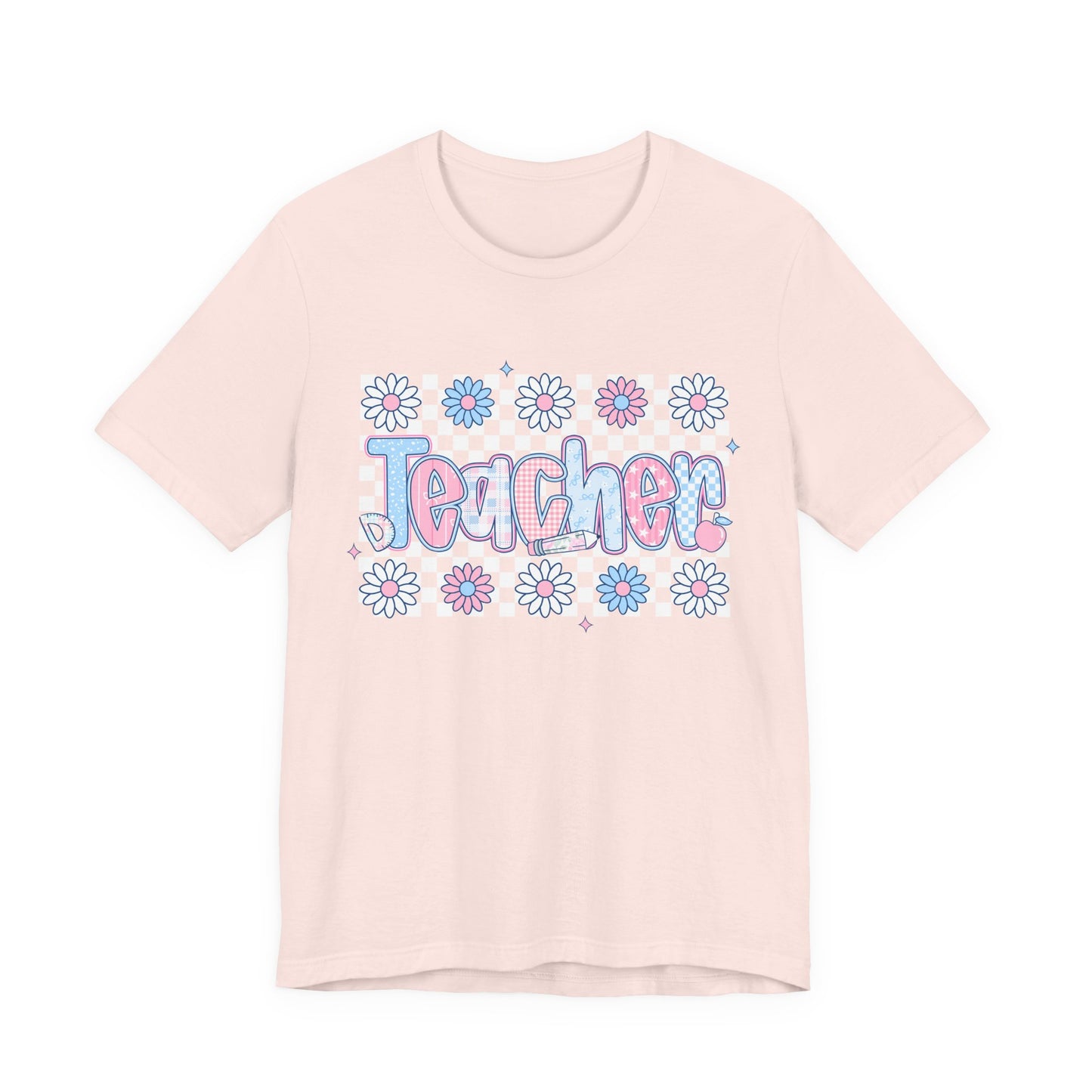 Teacher Daisy Graphic Tee – Cute Pink & Blue Floral Classroom Shirt