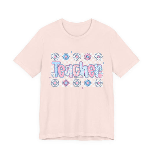 Teacher Daisy Graphic Tee – Cute Pink & Blue Floral Classroom Shirt