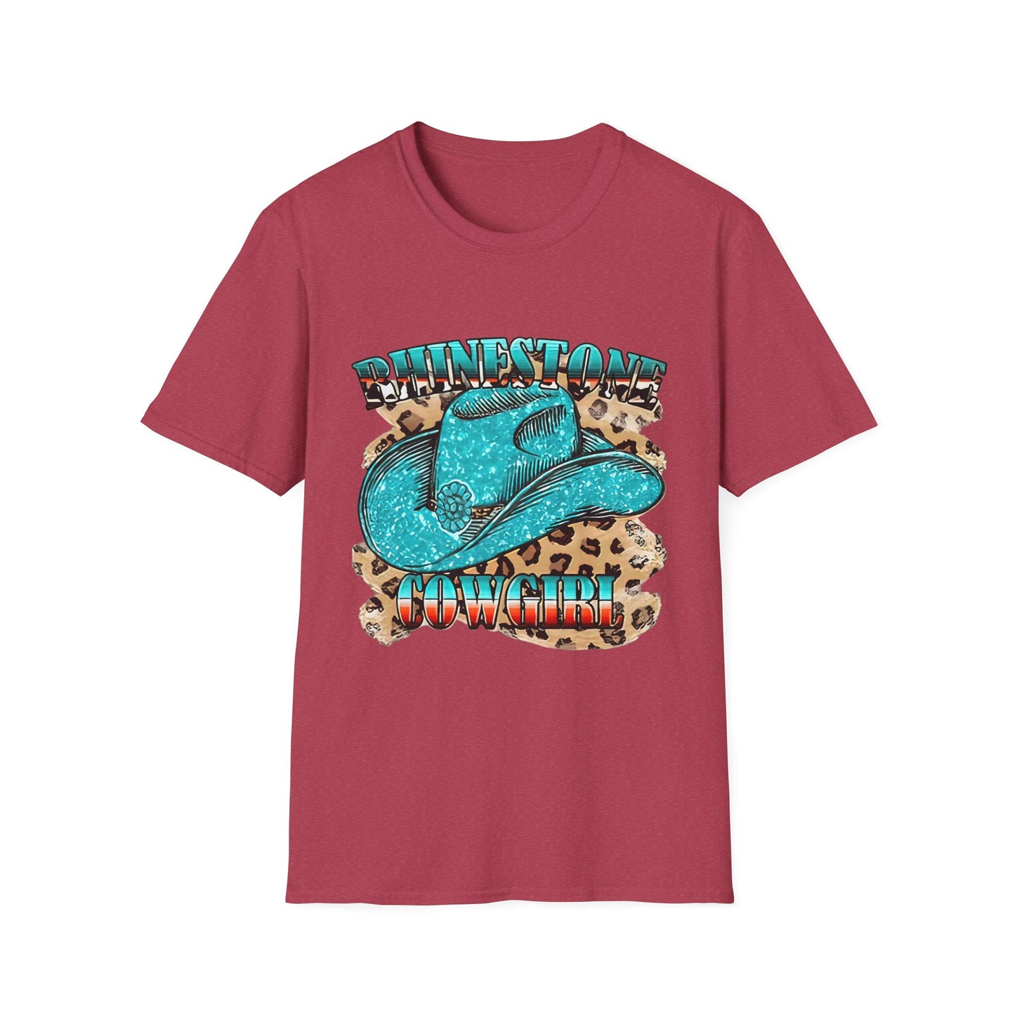 Rhinestone Cowgirl Tee – Turquoise Cowboy Hat on Leopard Print