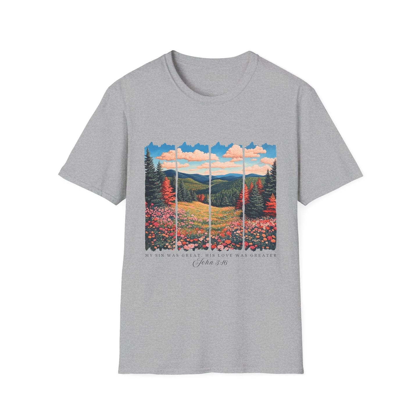Scenic Meadow Sunrise T-Shirt — Vintage Window Pane Mountain Landscape Tee