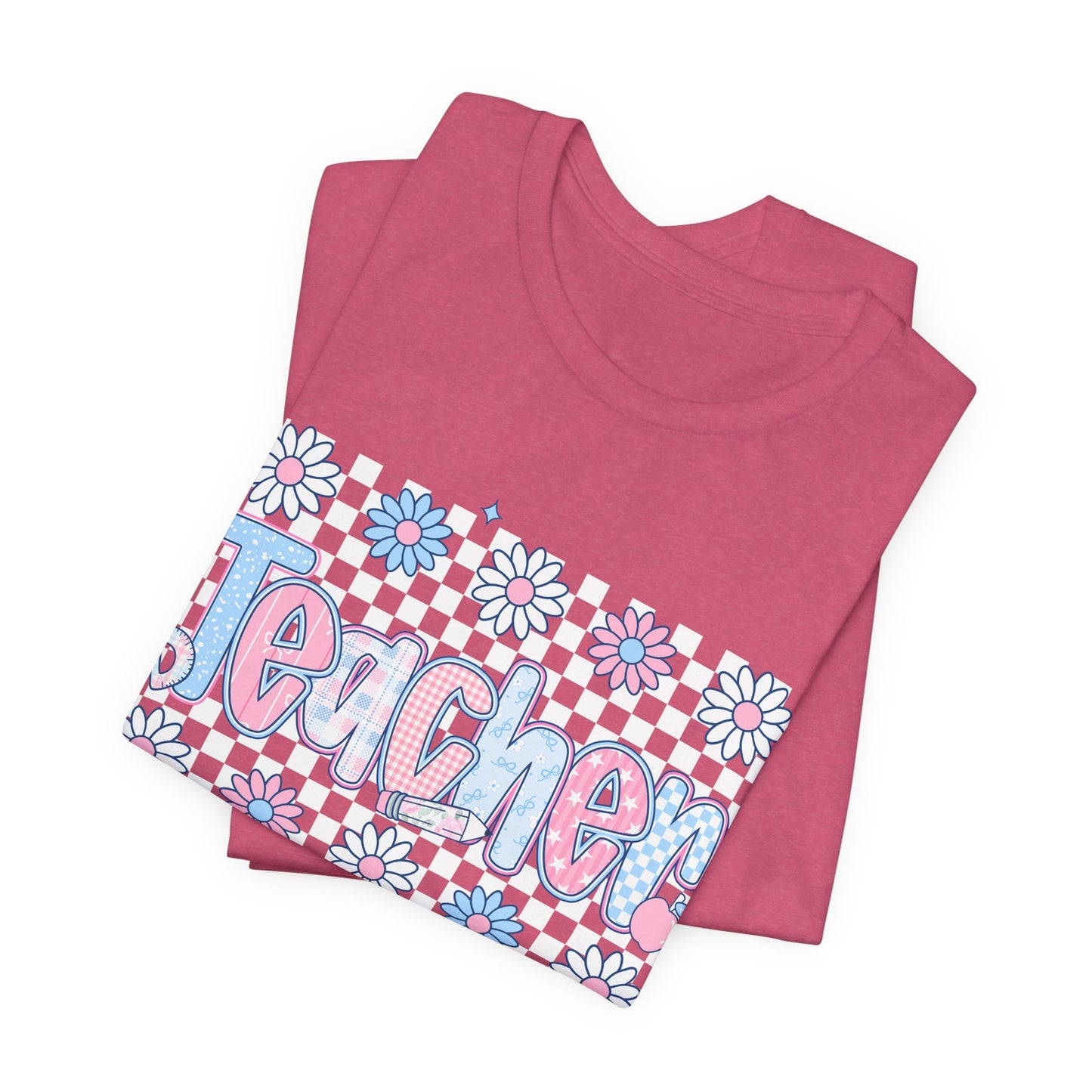 Teacher Daisy Graphic Tee – Cute Pink & Blue Floral Classroom Shirt