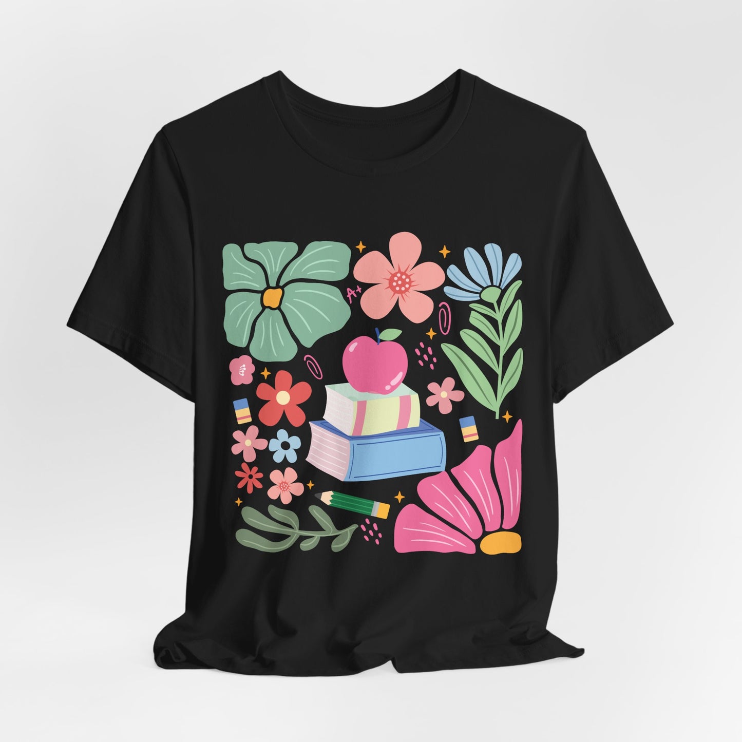Floral Books & Apple Tee — Cute Spring Reading T-Shirt