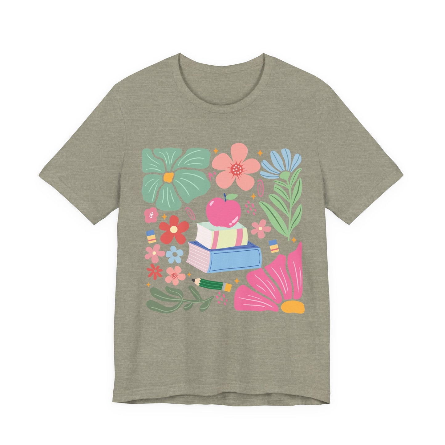 Floral Books & Apple Tee — Cute Spring Reading T-Shirt