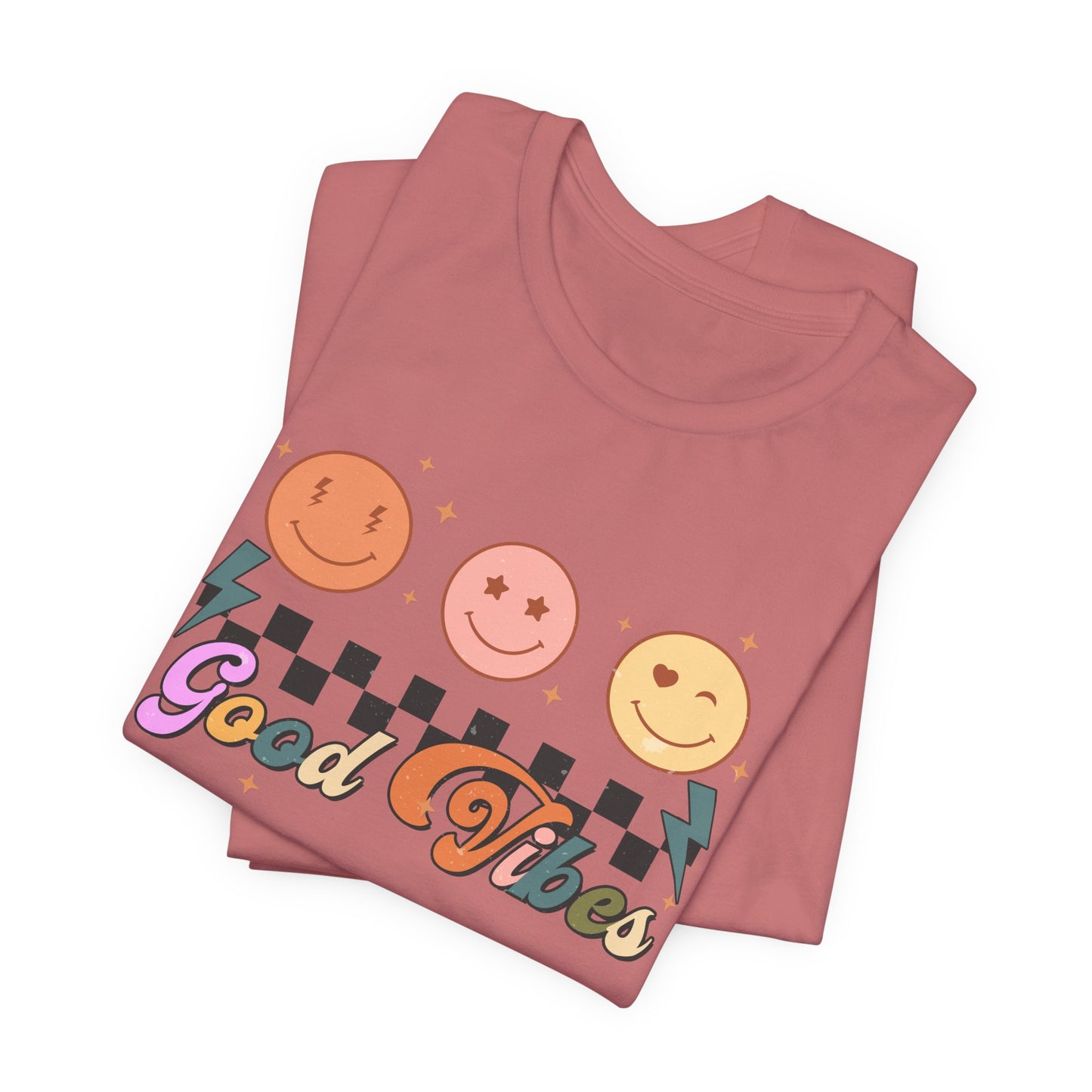 Good Vibes Smiley Tee — Retro Checkerboard Positive Graphic T-Shirt