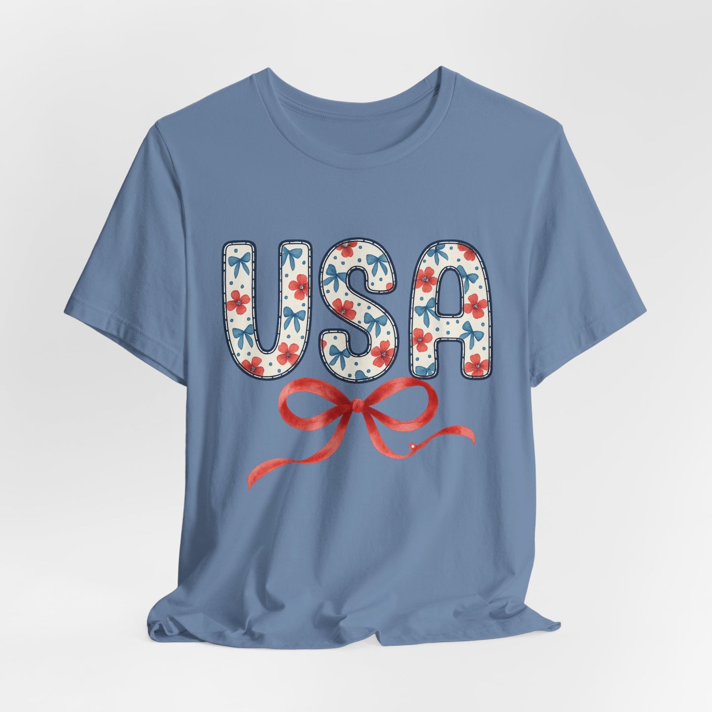 USA Floral Graphic Tee with Ribbon – 4th of July Patriotic Shirt