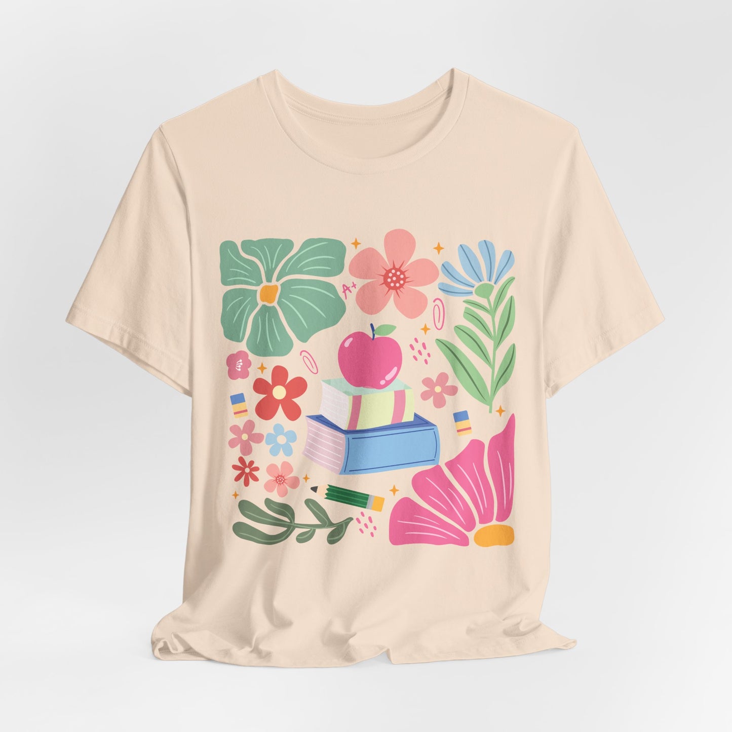 Floral Books & Apple Tee — Cute Spring Reading T-Shirt