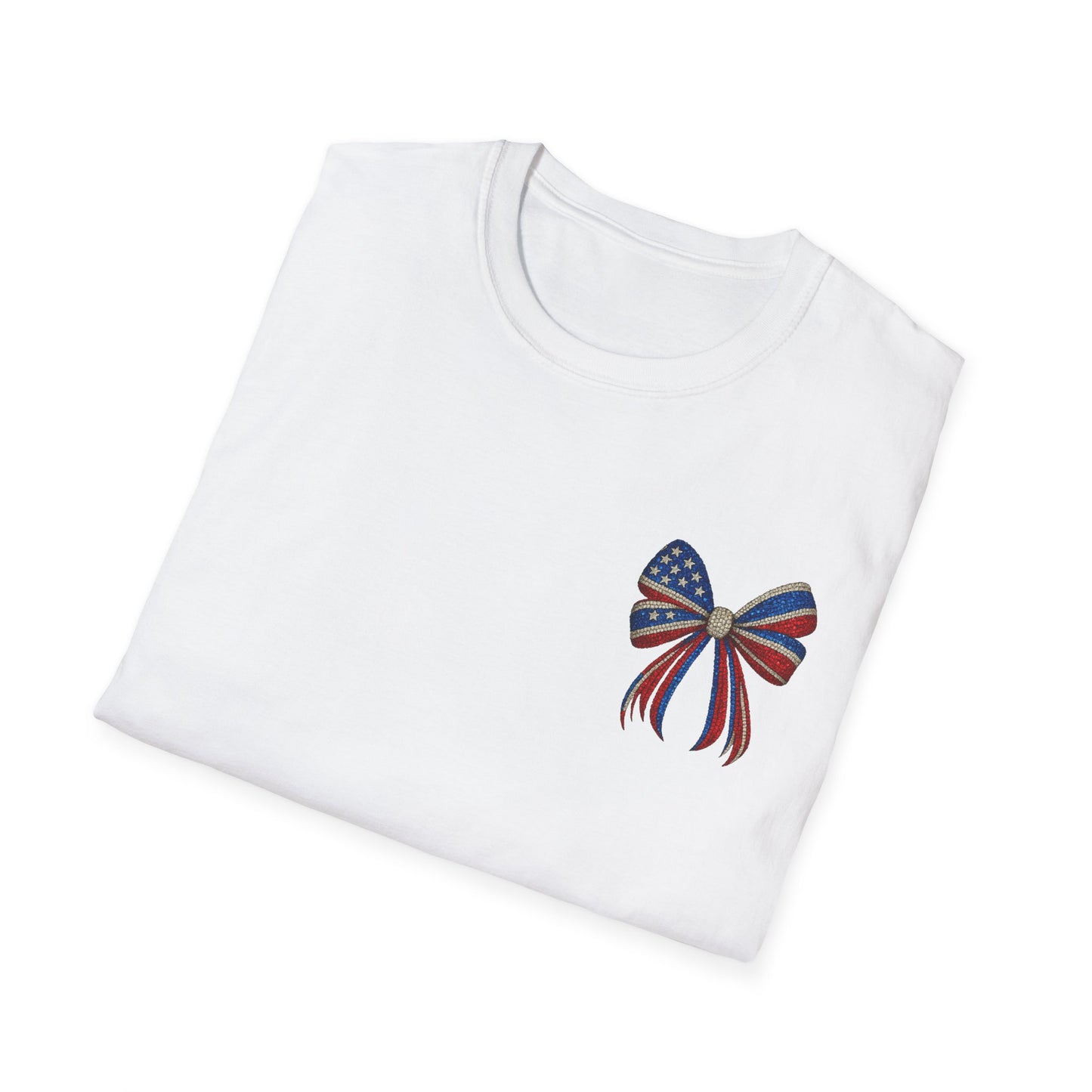Patriotic Tee - "Land of the Free Because of the Brave" American Flag Bow