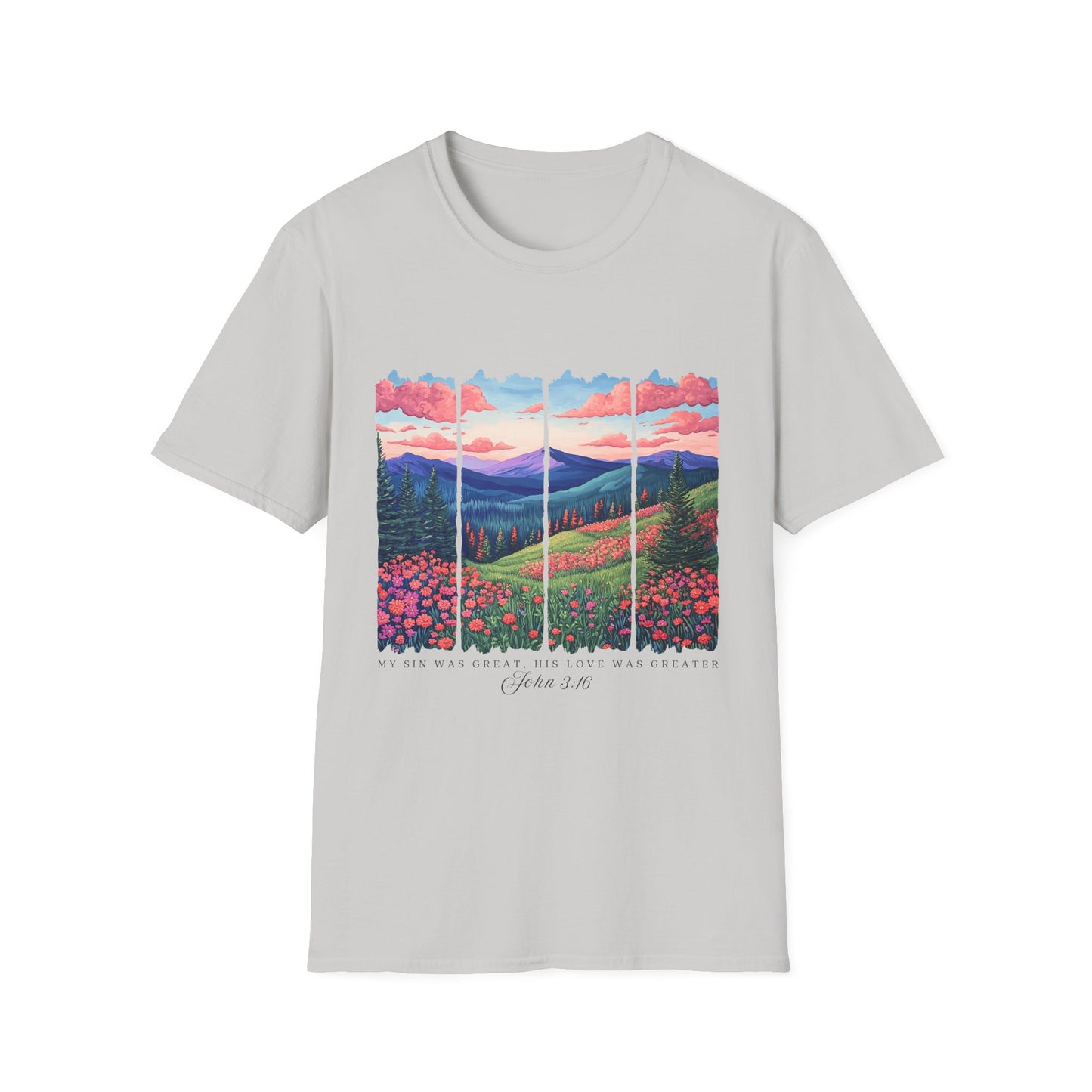 Scenic Mountain Sunset T-Shirt — Wildflower Valley Landscape Tee