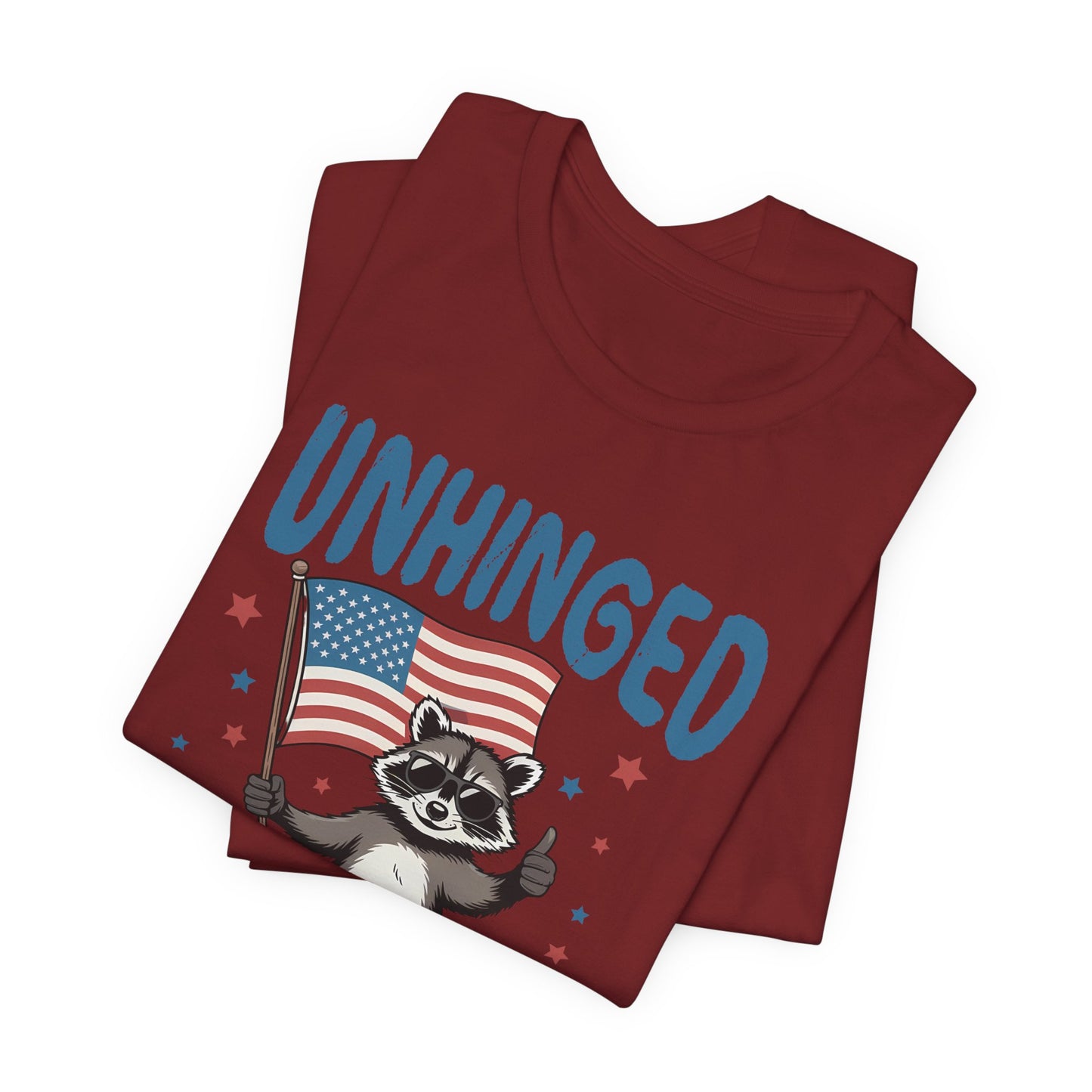 T‑Shirt — "Unhinged and Free" Raccoon American Flag Graphic Tee