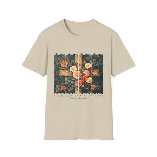 Floral Wooden Cross T-Shirt — Roses & Faith Christian Graphic Tee