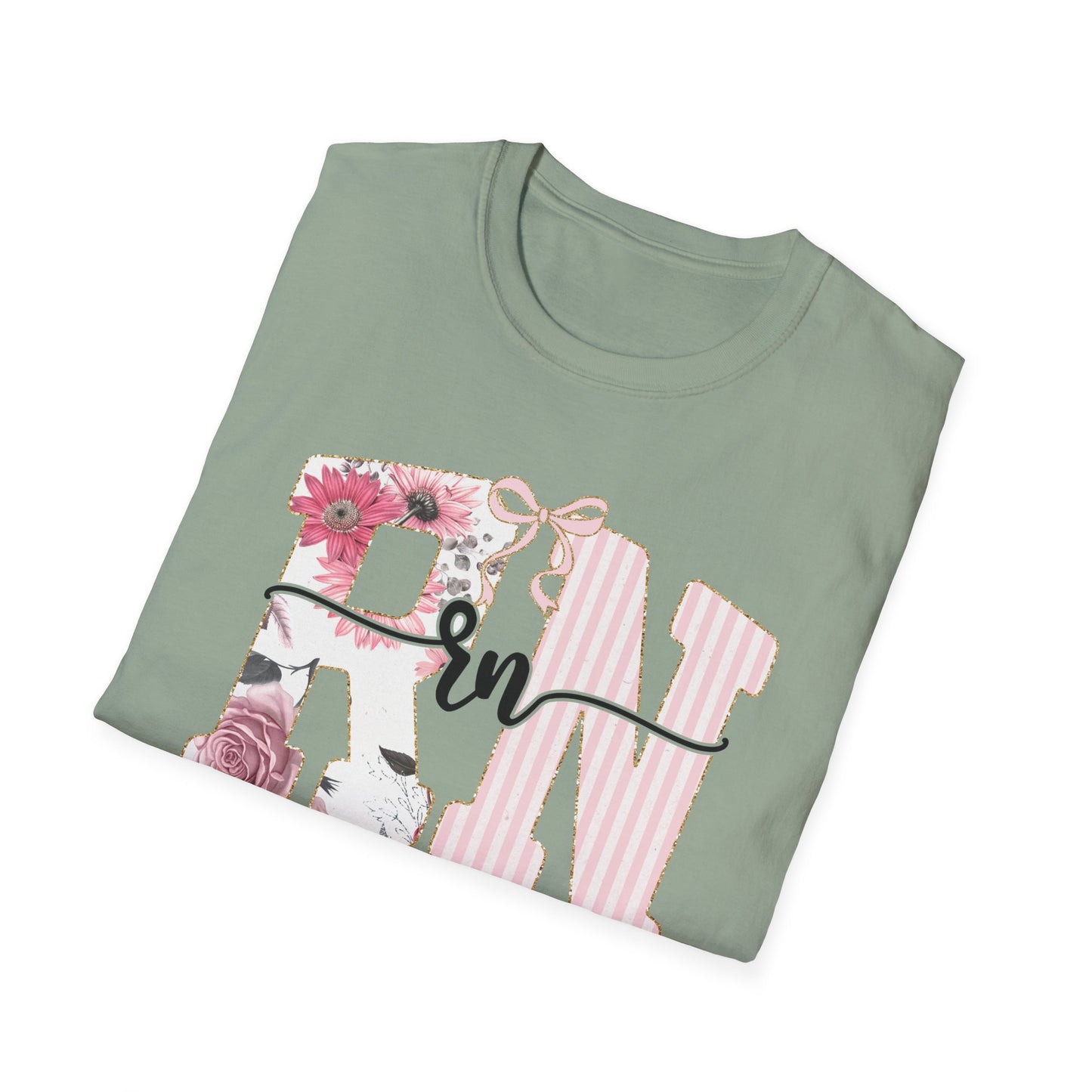 T-Shirt — RN Floral Script Design (Pink Stripes & Roses)