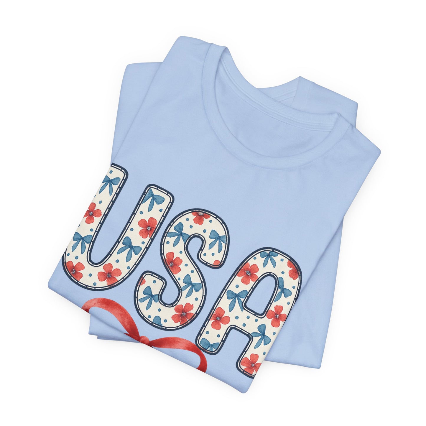 USA Floral Graphic Tee with Ribbon – 4th of July Patriotic Shirt