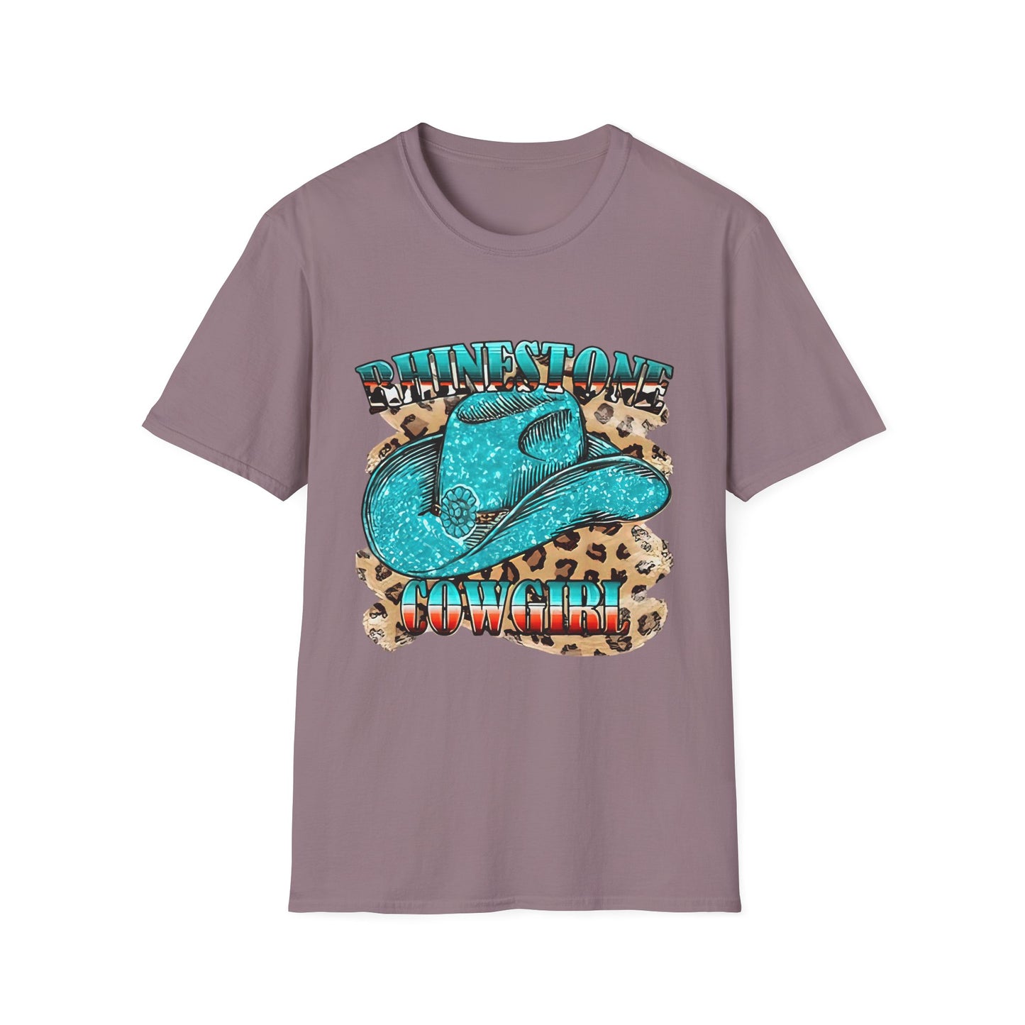 Rhinestone Cowgirl Tee – Turquoise Cowboy Hat on Leopard Print