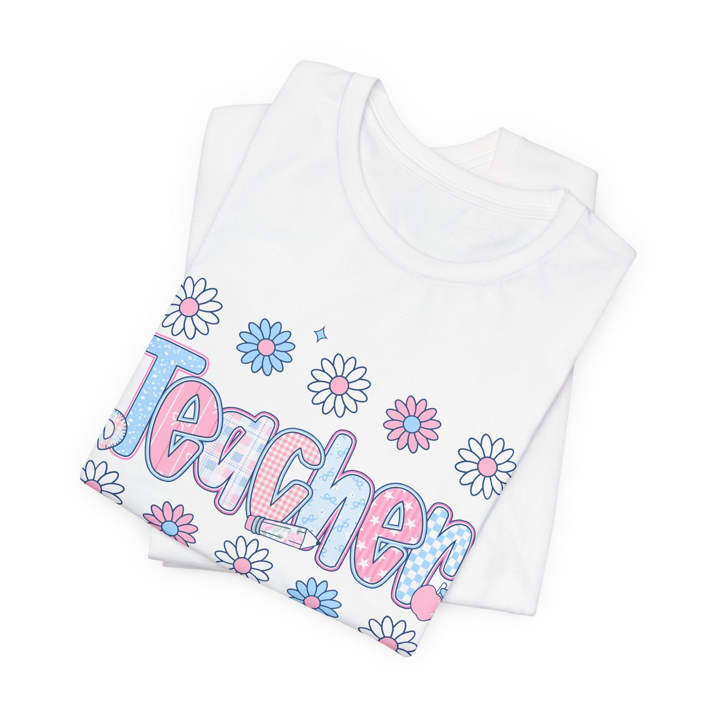 Teacher Daisy Graphic Tee – Cute Pink & Blue Floral Classroom Shirt