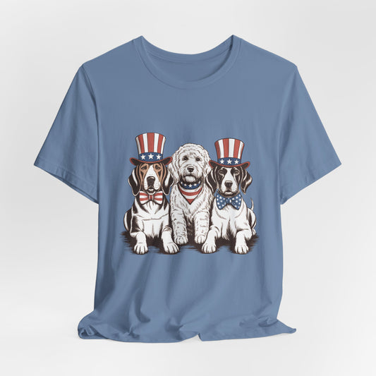 Patriotic Puppies T-Shirt — 4th of July Dog Tee with Uncle Sam Hats