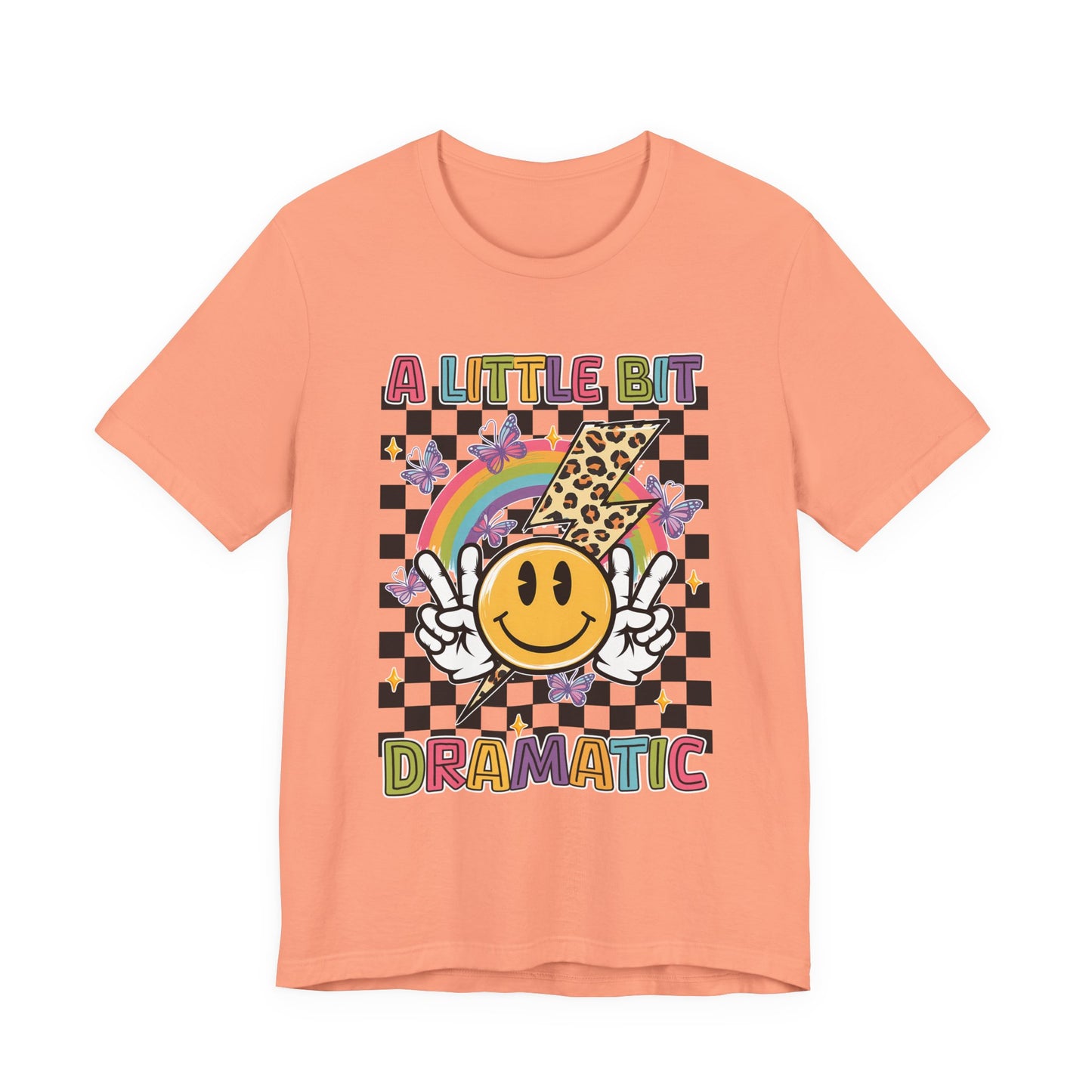 A Little Bit Dramatic Graphic Tee — Smiley Rainbow Checkerboard T-Shirt