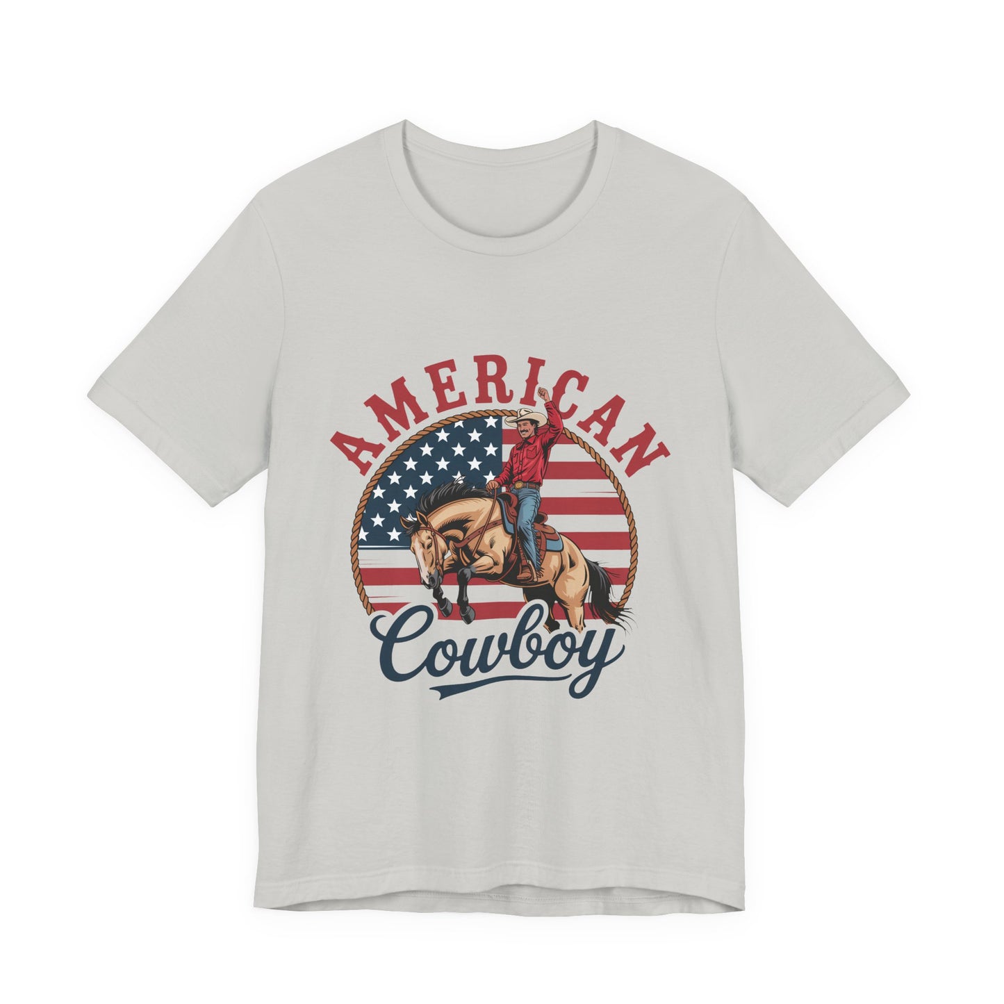 American Cowboy T-Shirt – patriotic rodeo tee with flag and rider