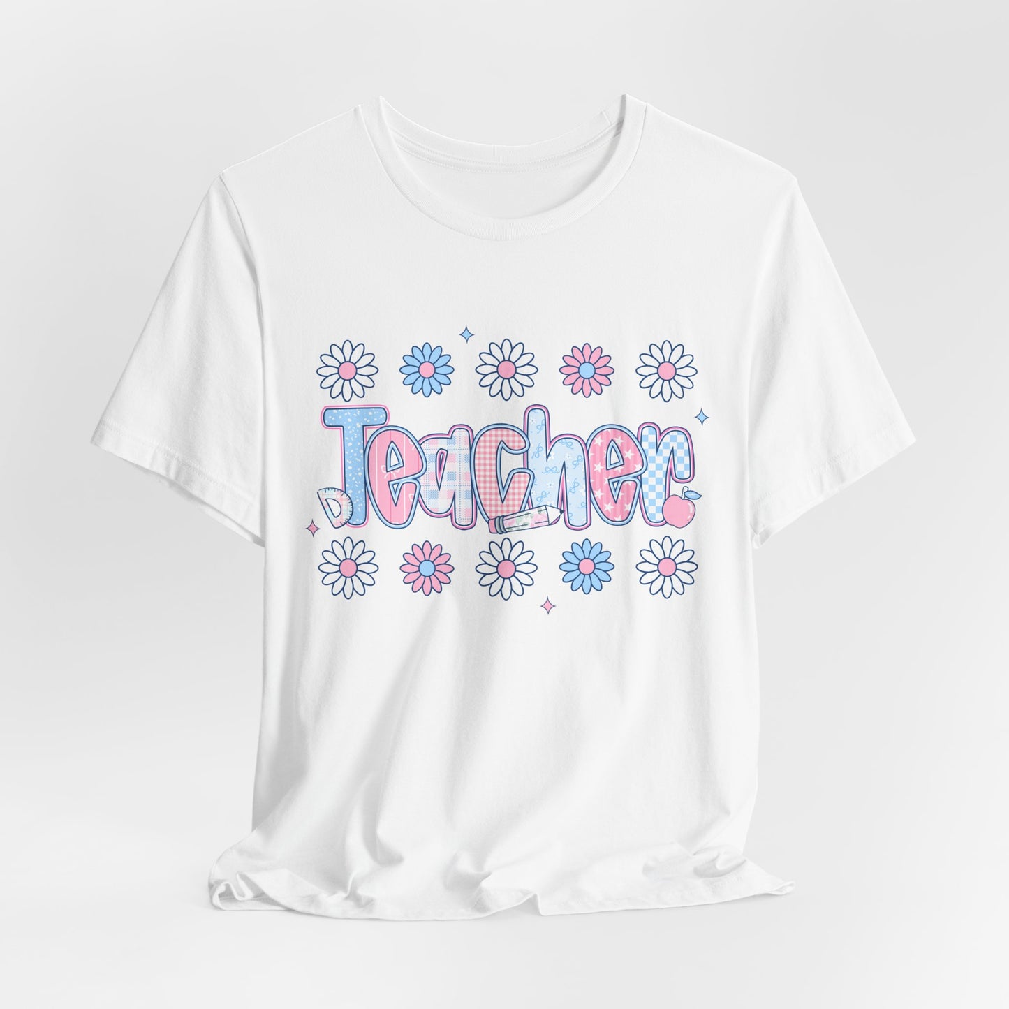 Teacher Daisy Graphic Tee – Cute Pink & Blue Floral Classroom Shirt