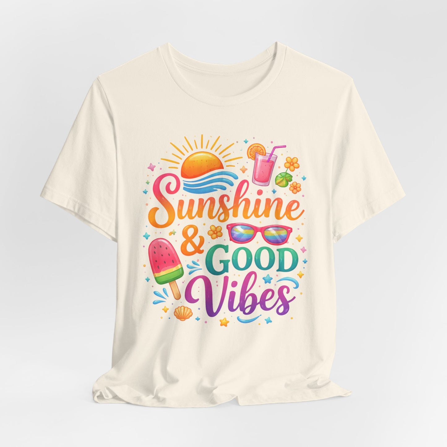 Sunshine & Good Vibes T-Shirt | Summer Beach Drink Sunglasses Popsicle Design