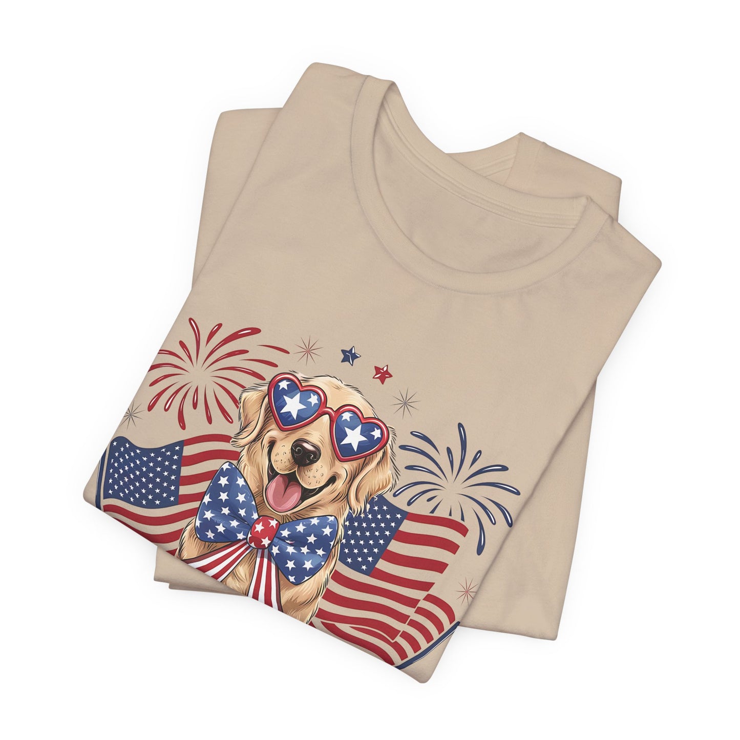 Patriotic Golden Retriever T‑Shirt — USA Flag Dog with Fireworks