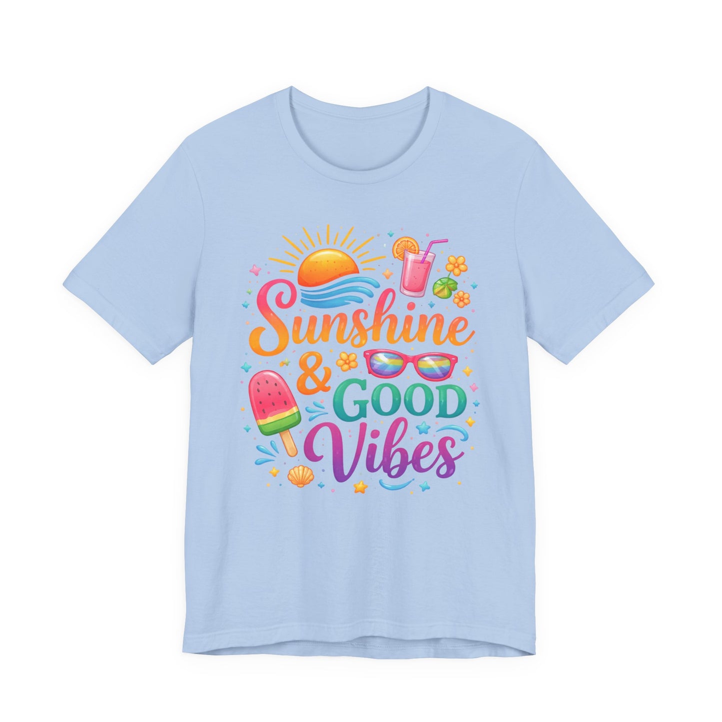 Sunshine & Good Vibes T-Shirt | Summer Beach Drink Sunglasses Popsicle Design