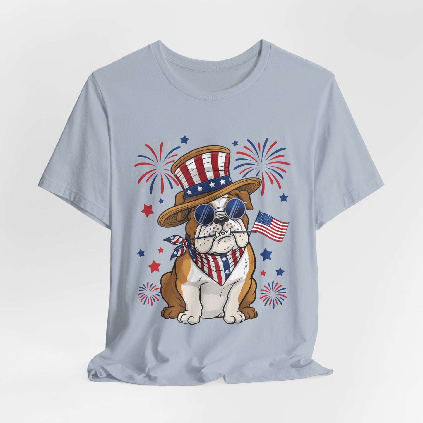 Patriotic Bulldog T-Shirt — American Flag Pup with Uncle Sam Hat & Fireworks (4th of July Tee)