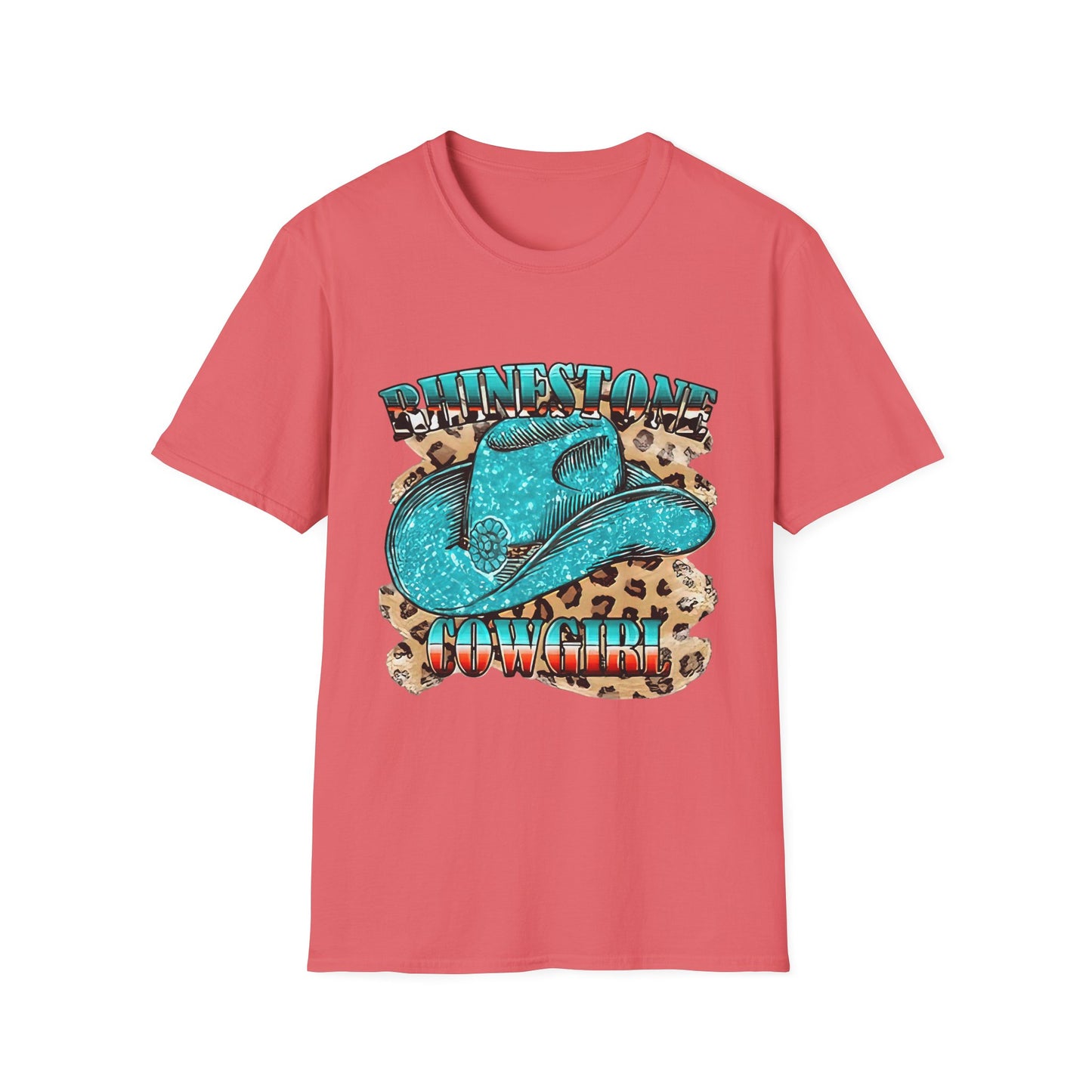Rhinestone Cowgirl Tee – Turquoise Cowboy Hat on Leopard Print