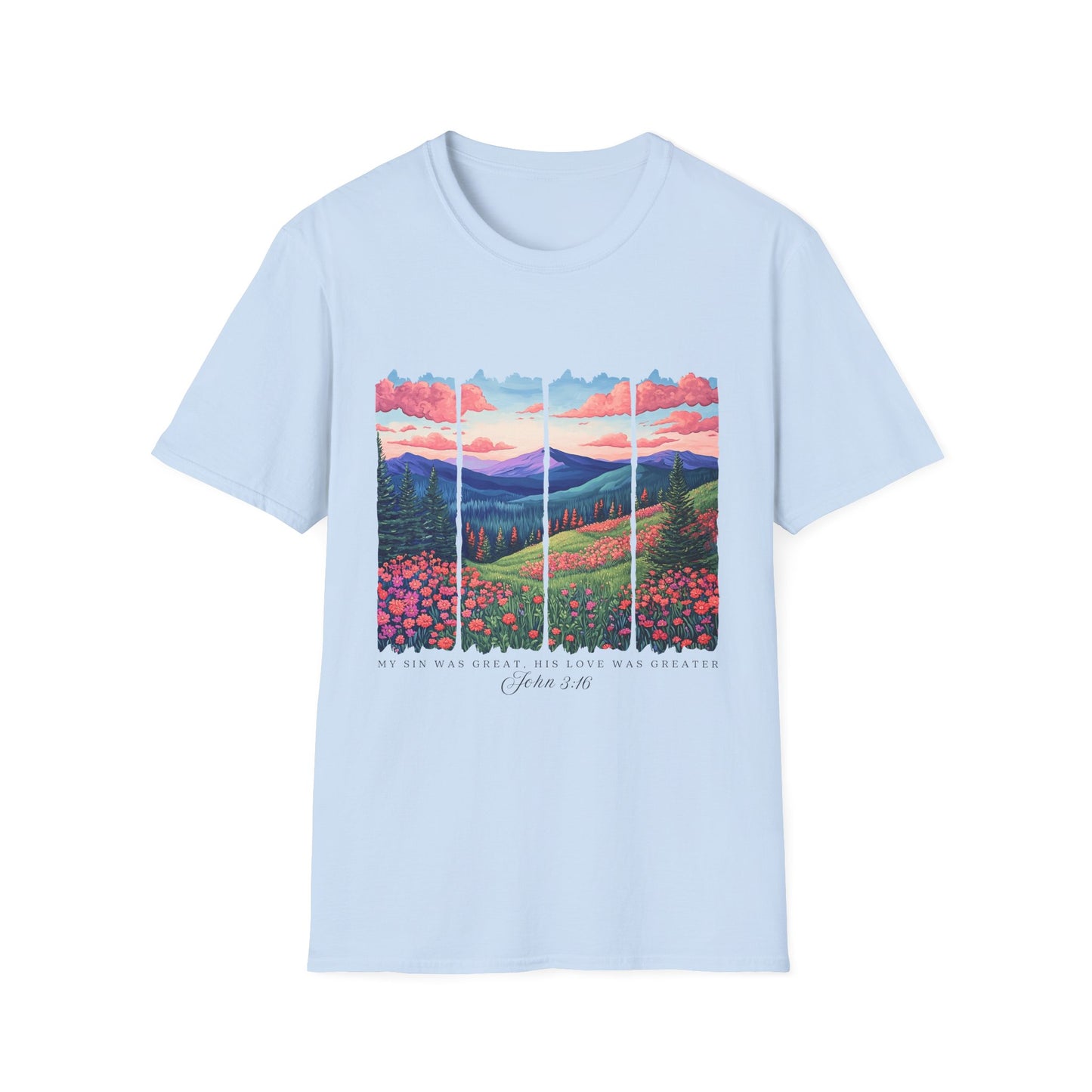 Scenic Mountain Sunset T-Shirt — Wildflower Valley Landscape Tee