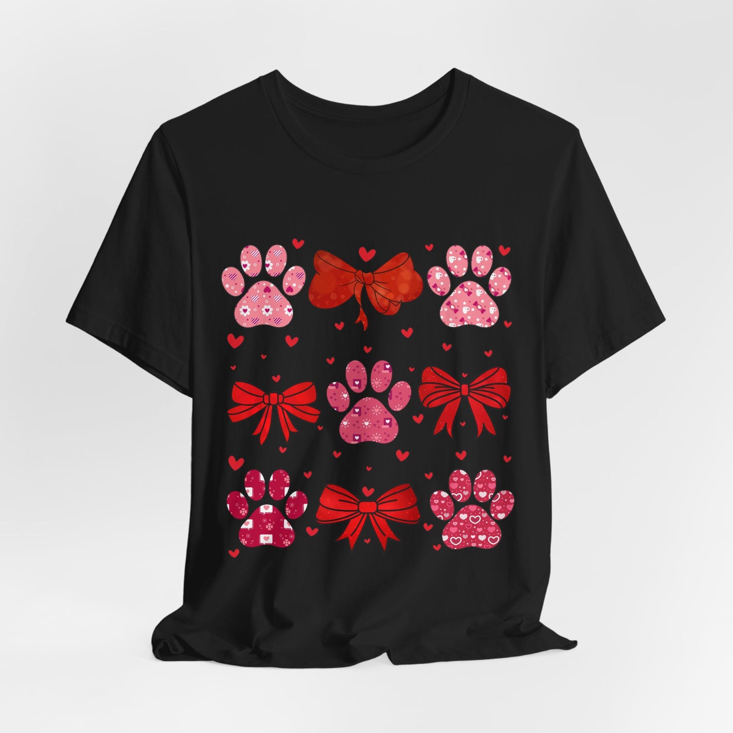 Valentine Paw Prints T‑Shirt — Cute Red Bows & Hearts Pet Lover Tee