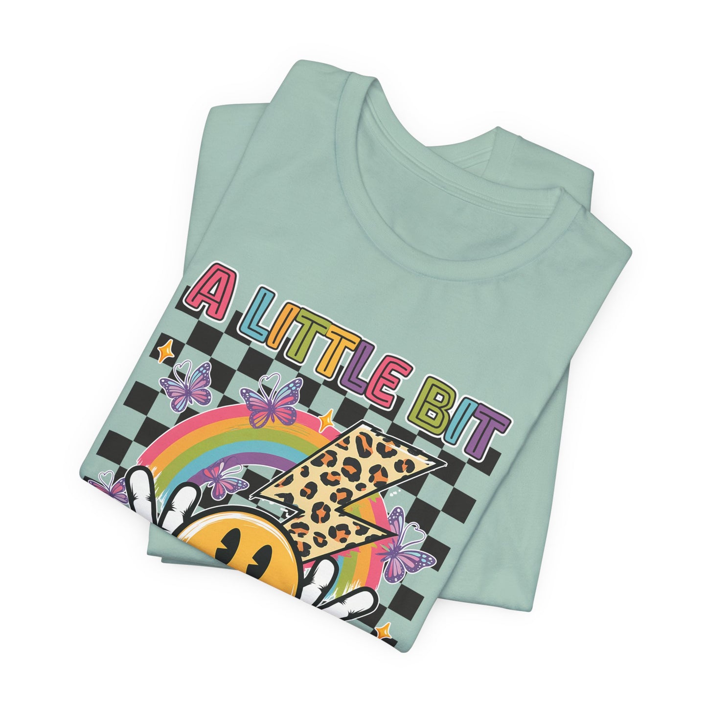 A Little Bit Dramatic Graphic Tee — Smiley Rainbow Checkerboard T-Shirt