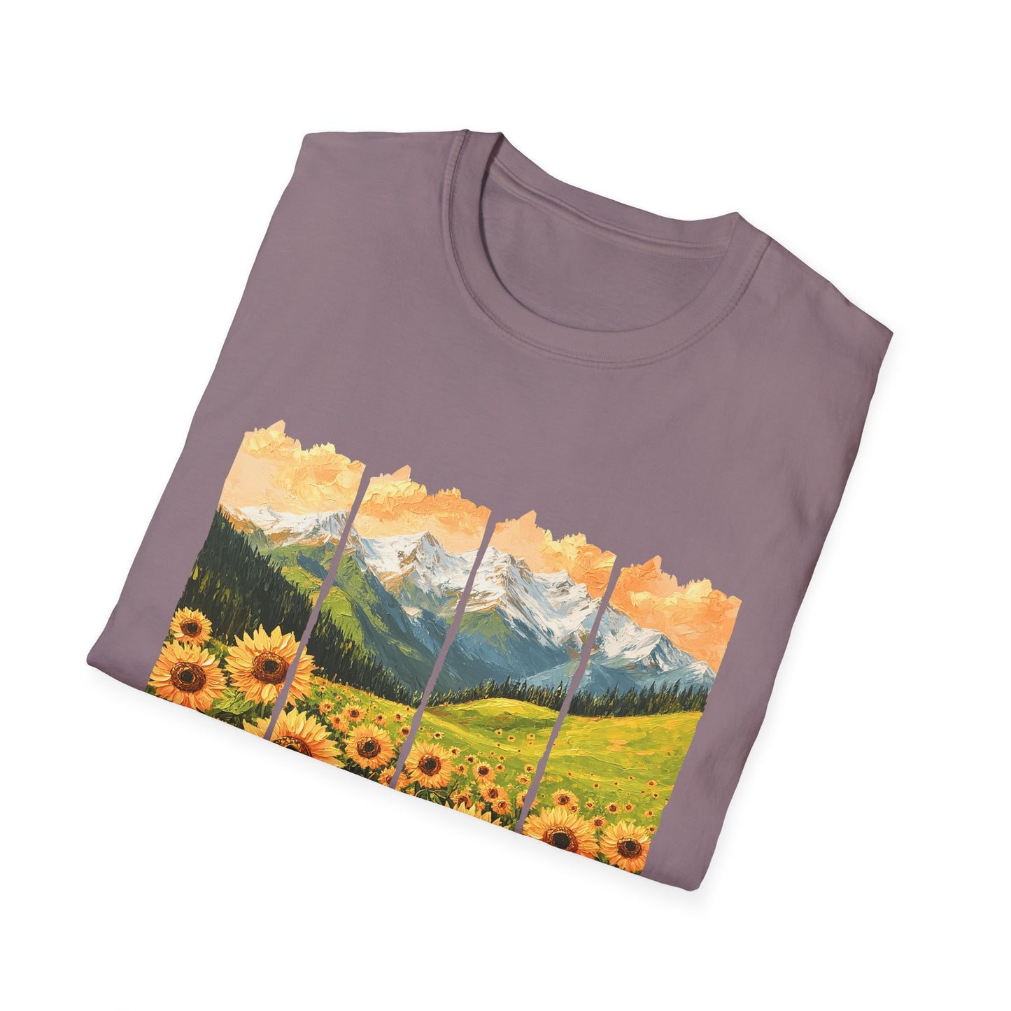 Sunflower Mountain Poster T-Shirt — Scenic Field & Peaks Graphic Tee