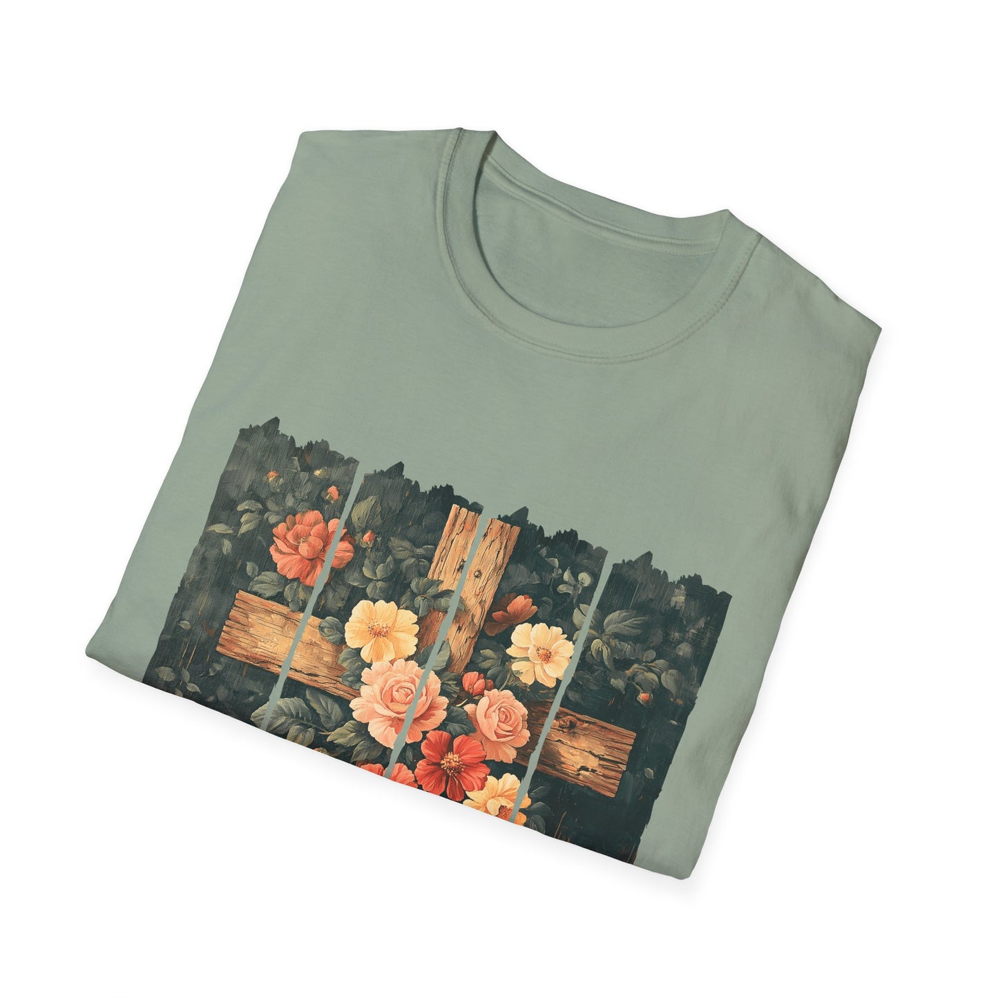 Floral Wooden Cross T-Shirt — Roses & Faith Christian Graphic Tee