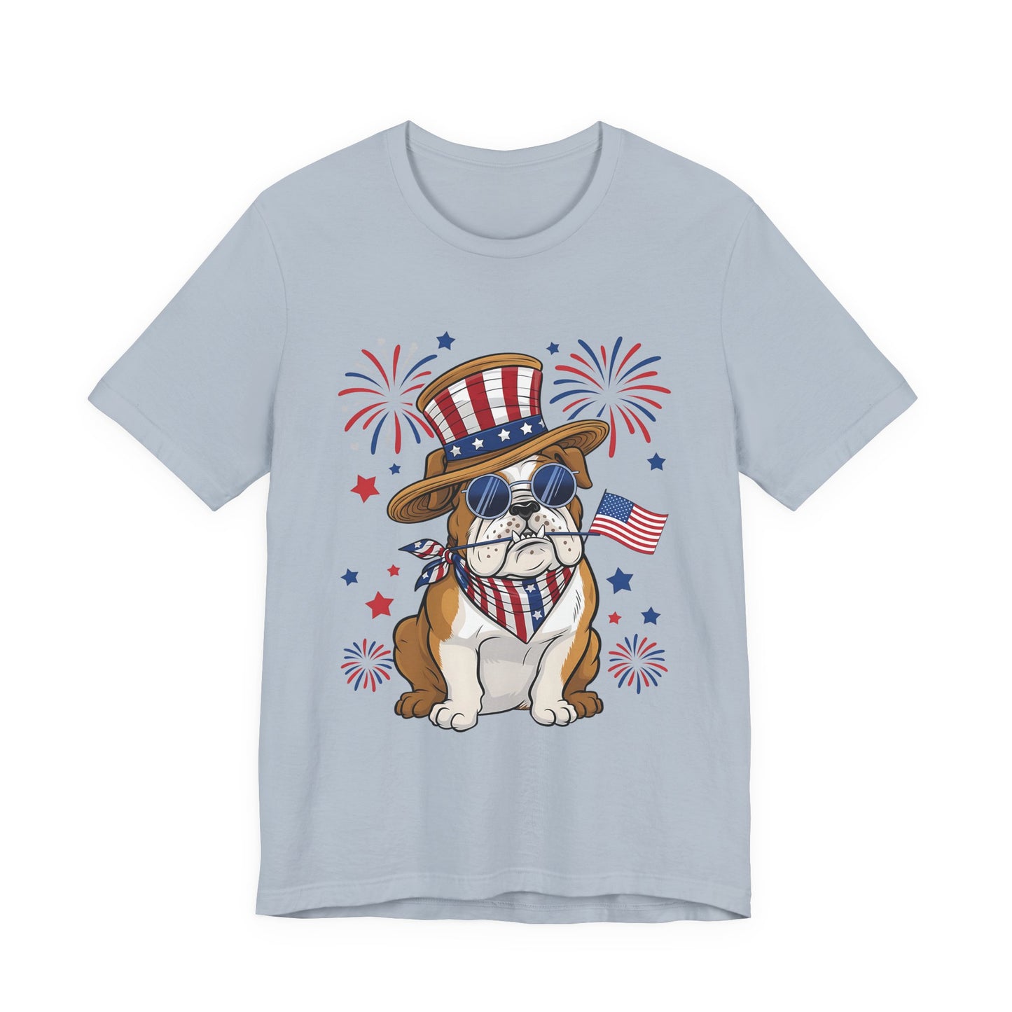 Patriotic Bulldog T-Shirt — American Flag Pup with Uncle Sam Hat & Fireworks (4th of July Tee)