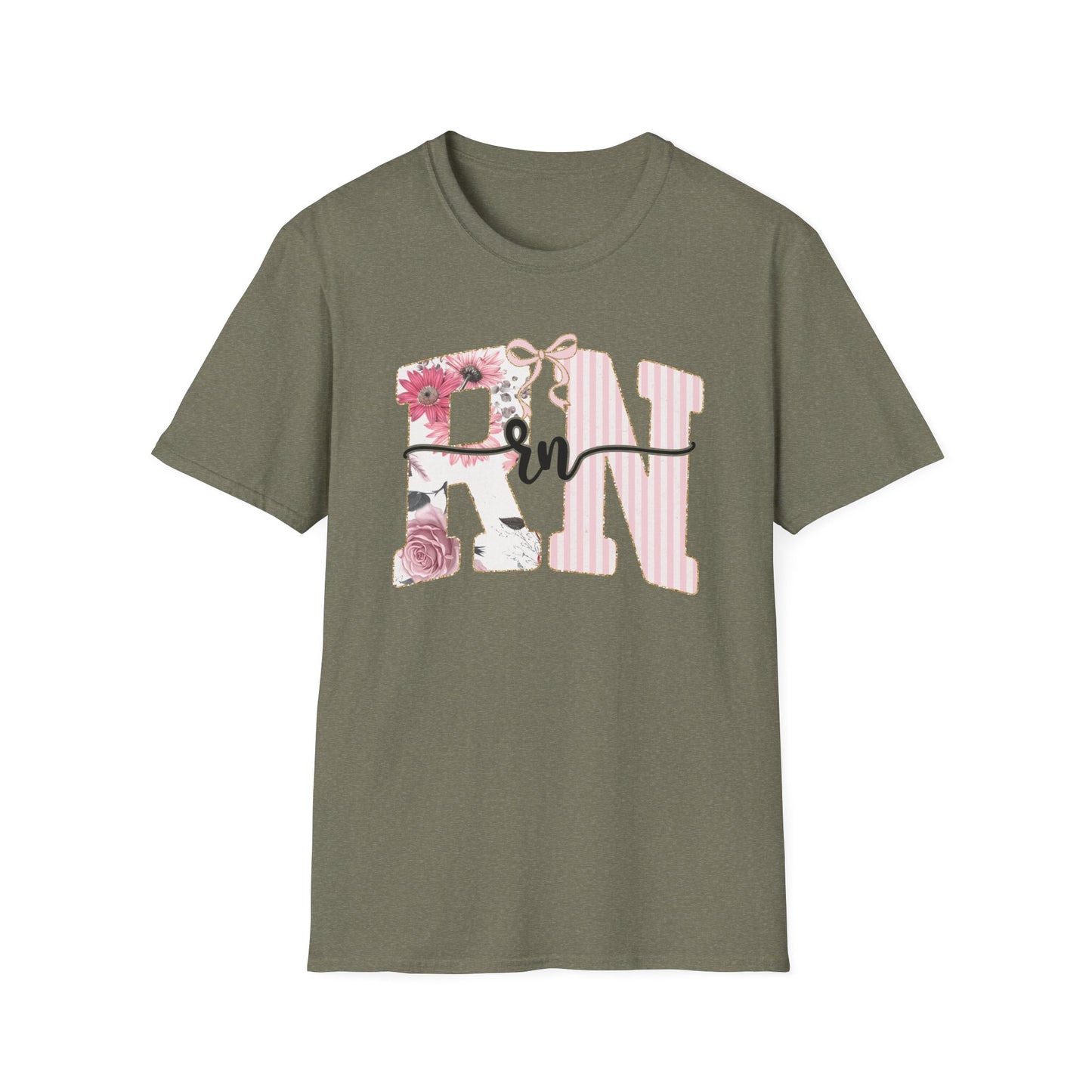 T-Shirt — RN Floral Script Design (Pink Stripes & Roses)