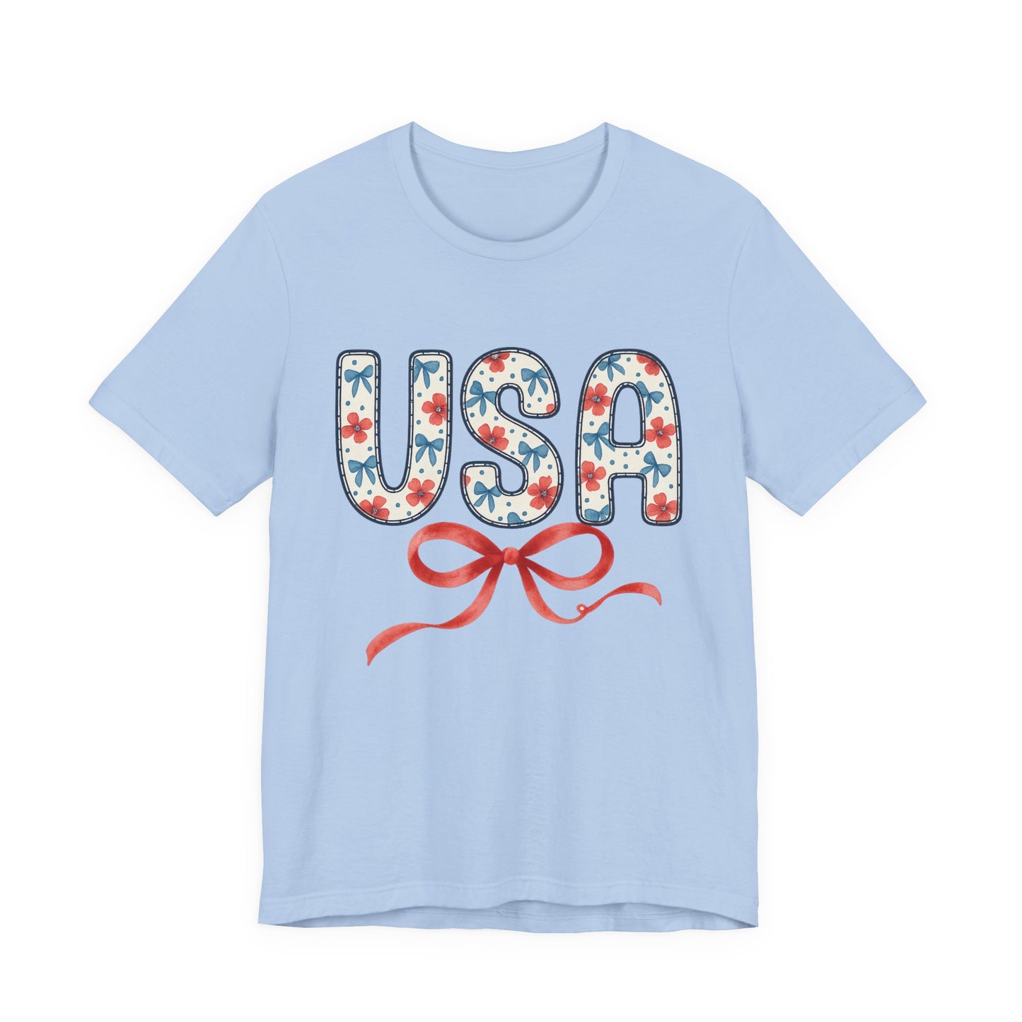 USA Floral Graphic Tee with Ribbon – 4th of July Patriotic Shirt