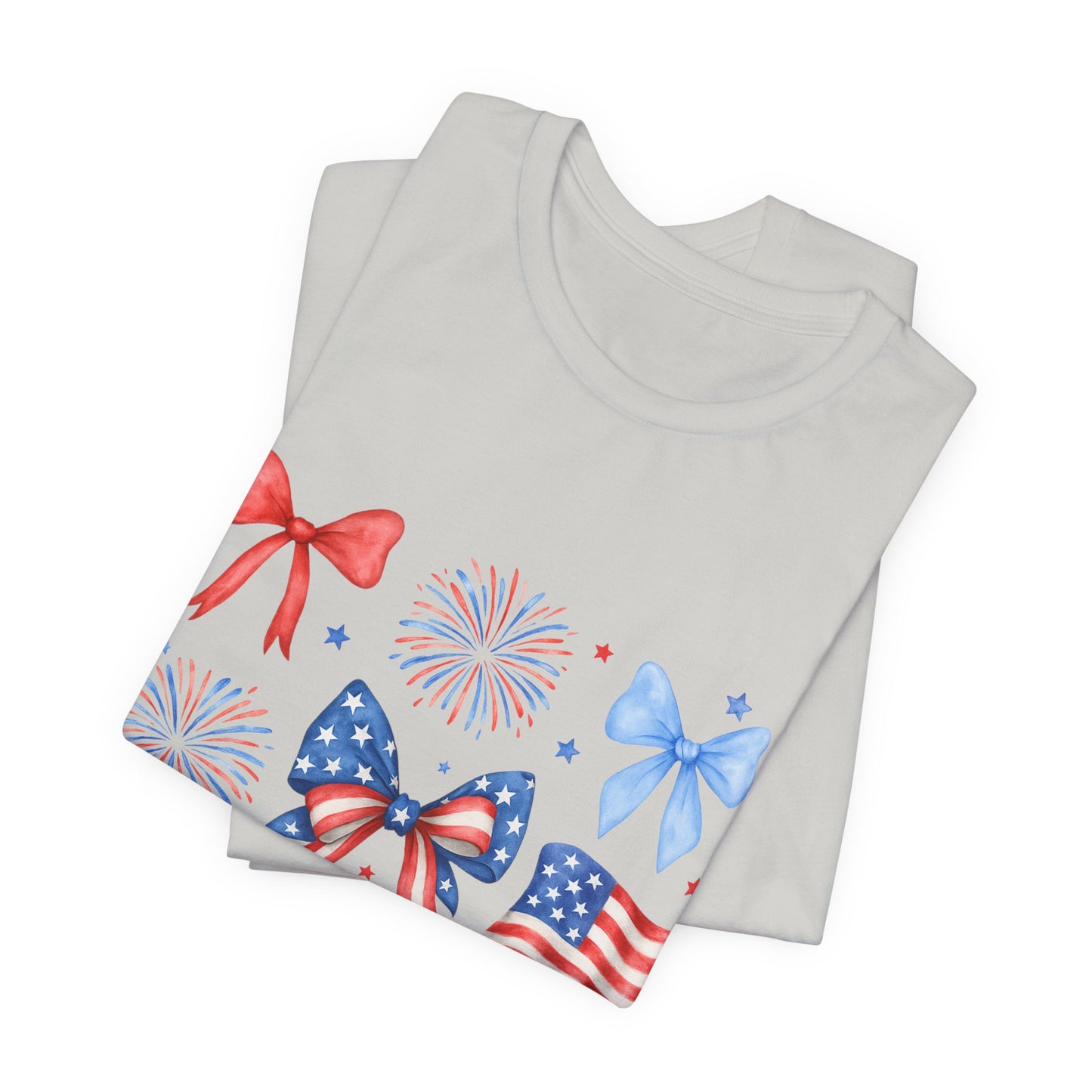 Patriotic Bows & Flags Tee — 4th of July Fireworks Graphic T-Shirt