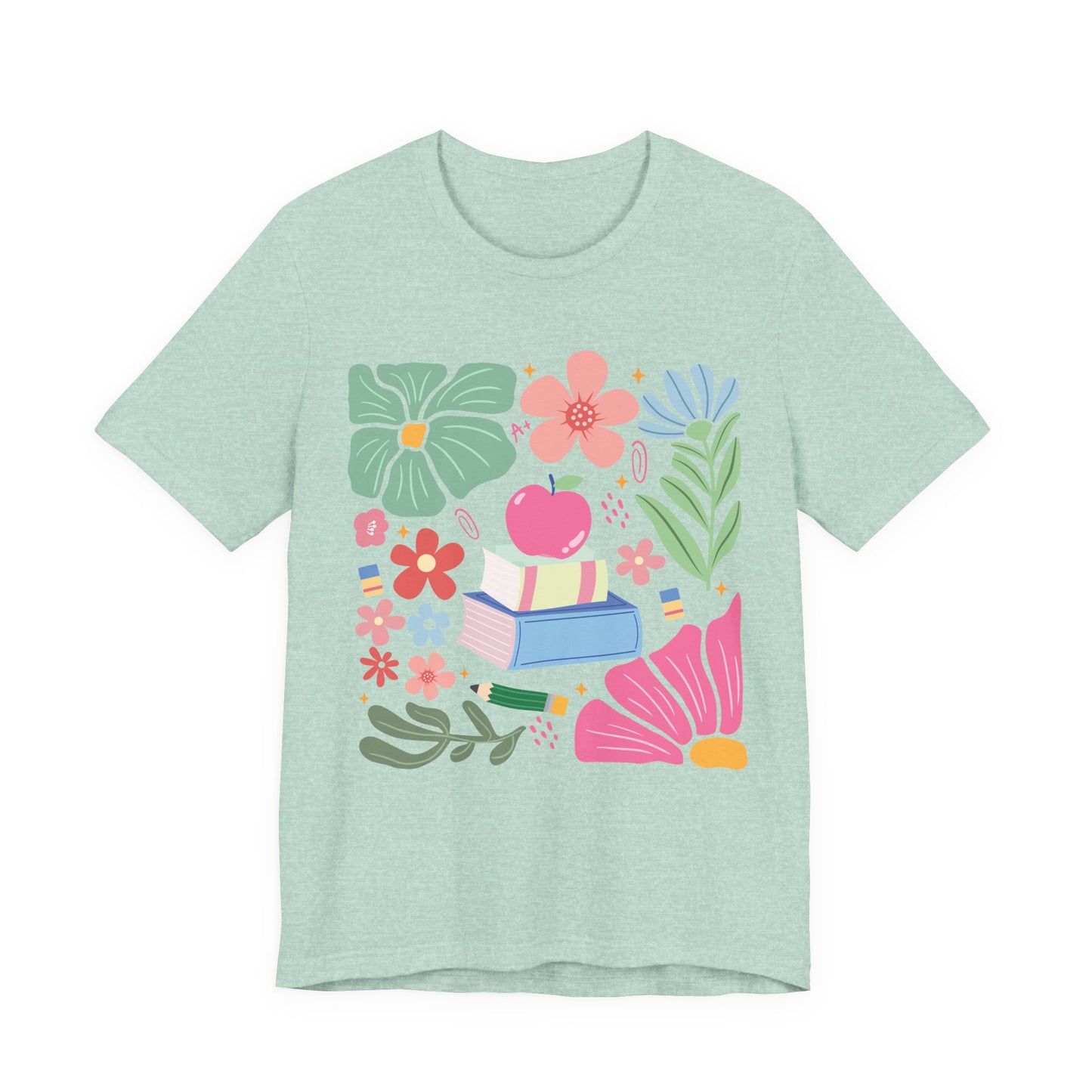 Floral Books & Apple Tee — Cute Spring Reading T-Shirt