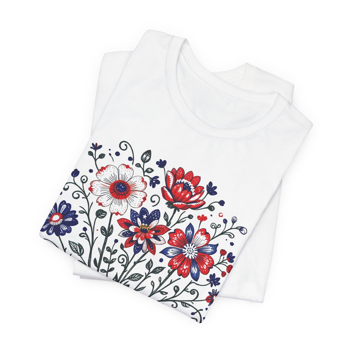 Patriotic Floral Tee — "America, Land of the Free"