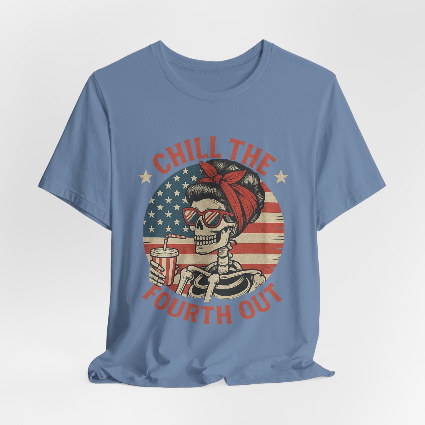 Chill the Fourth Out Tee – Retro Skull with American Flag & Drink | 4th of July Patriotic Shirt