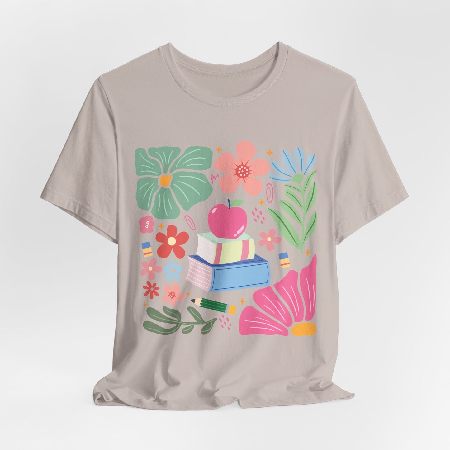 Floral Books & Apple Tee — Cute Spring Reading T-Shirt