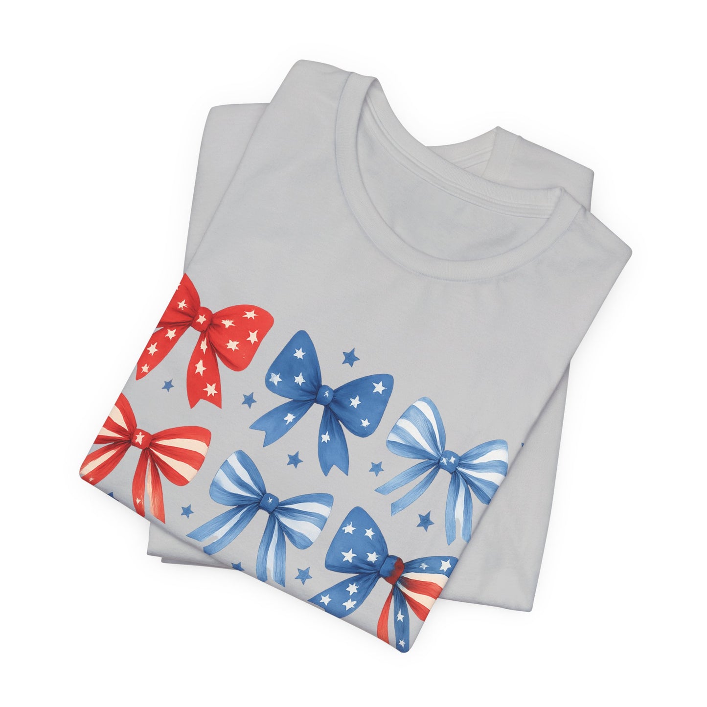 Patriotic Red & Blue Bows Tee — 4th of July Graphic T-Shirt
