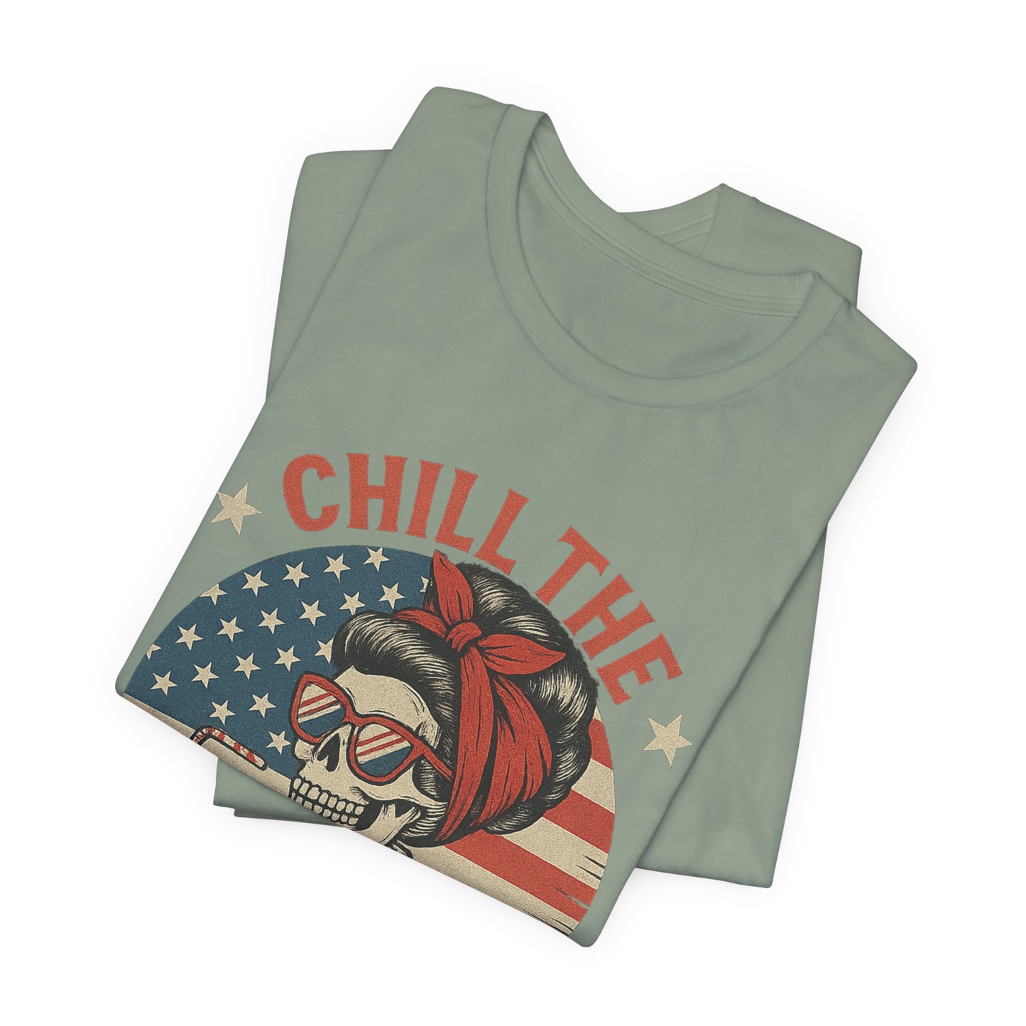 Chill the Fourth Out Tee – Retro Skull with American Flag & Drink | 4th of July Patriotic Shirt