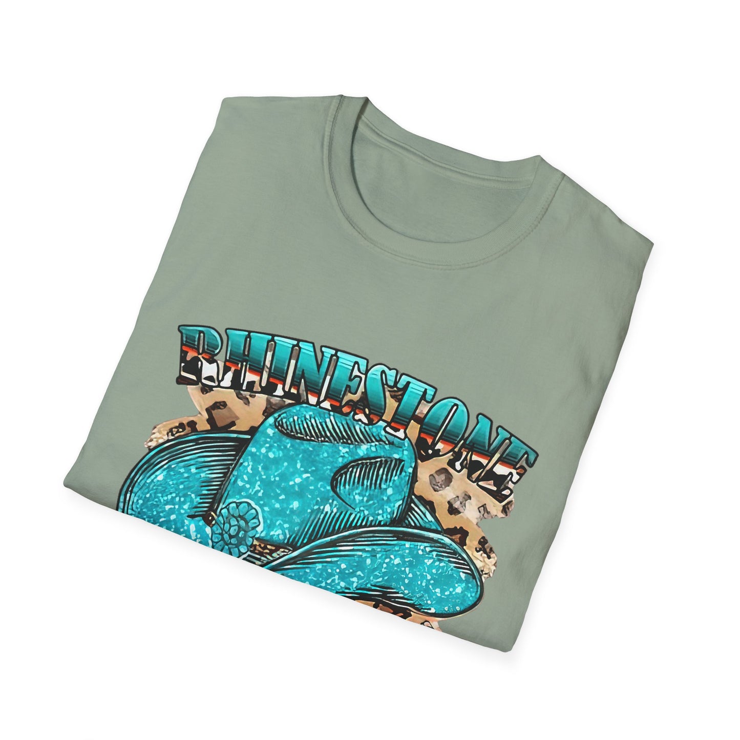 Rhinestone Cowgirl Tee – Turquoise Cowboy Hat on Leopard Print